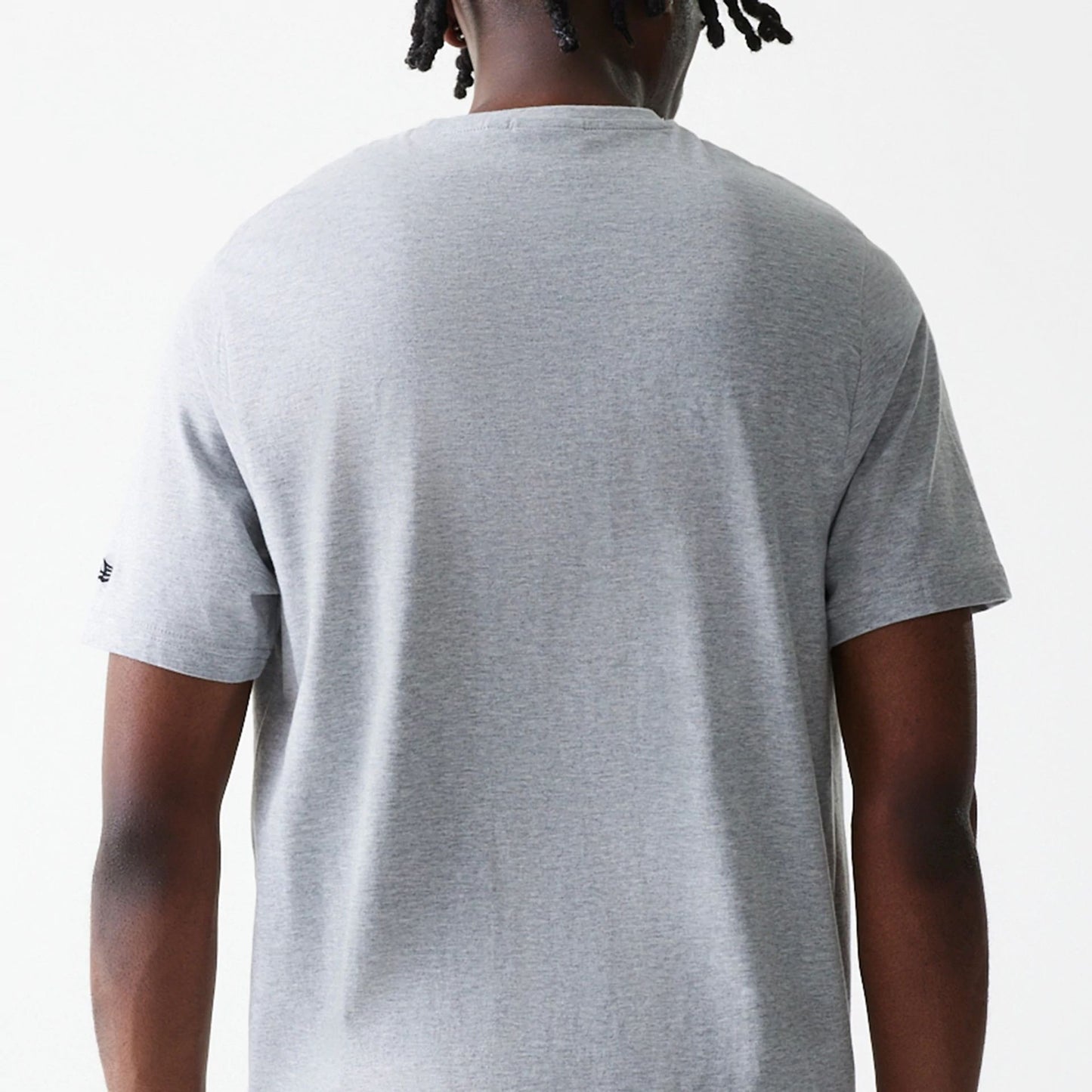 New Era LA Lakers NBA Logo Grey T-Shirt, rear view showing the plain grey back with a short sleeve design and a small raised New Era logo on the left sleeve near the hem.