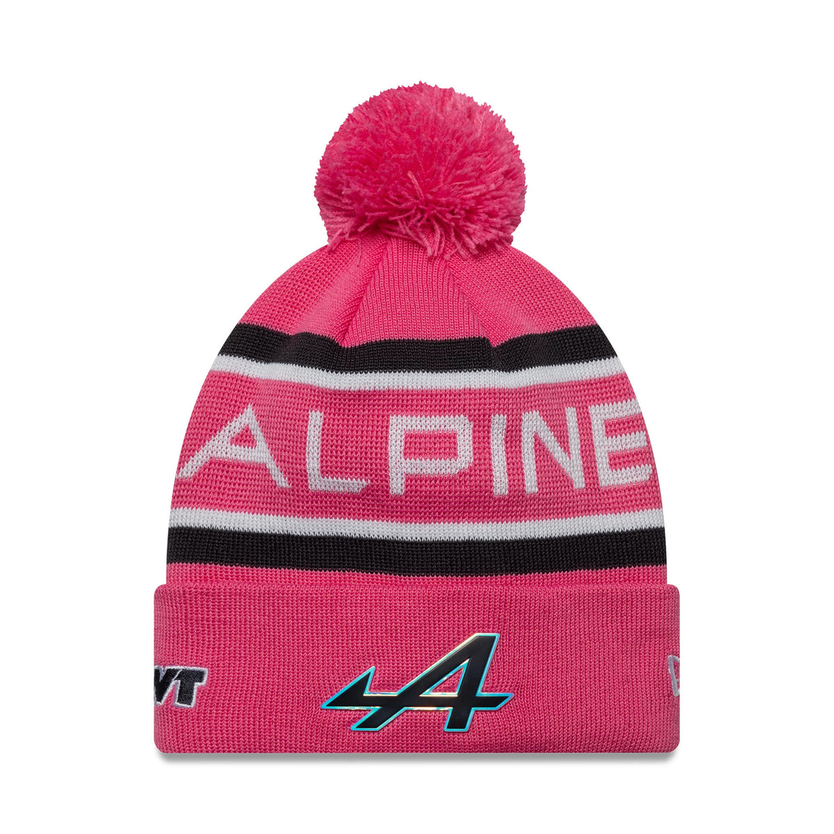 New Era Alpine Racing Youth Replica Pierre Gasly Pink Cuff Knit Beanie Hat, front view showing the A logo embroidered on the pink cuff, white ALPINE lettering across the crown, and a pink pom on the top.