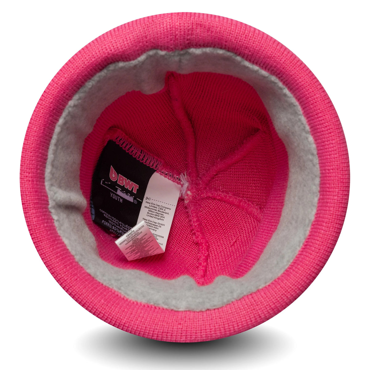 New Era Alpine Racing Youth Replica Pierre Gasly Pink Cuff Knit Beanie Hat, inside view showing the fleece lining and stitched seams with a black and red BWT logo tag on the inner crown.