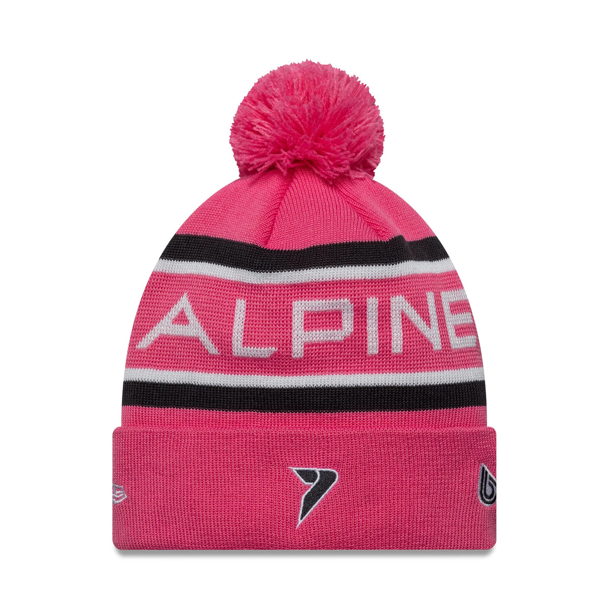 New Era Alpine Racing Youth Replica Jack Doohan Pink Cuff Knit Beanie Hat, front view showing the pink pom-pom, wide cuff with central embroidered logo and New Era flag logo on the left side, and the Alpine wordmark across the front.