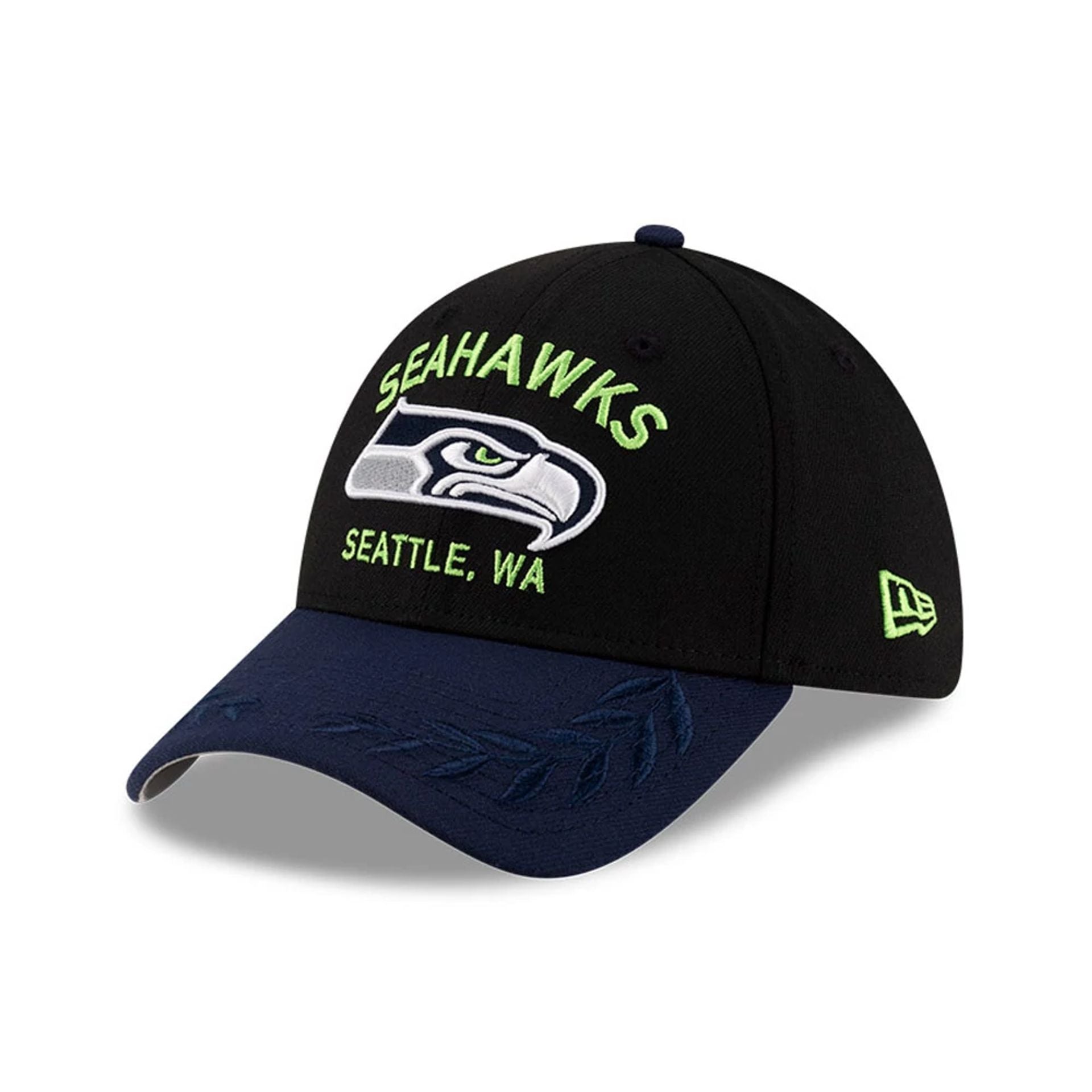 This is a Seattle Seahawks NFL Draft 2025 Black 39THIRTY Stretch Fit Cap 1