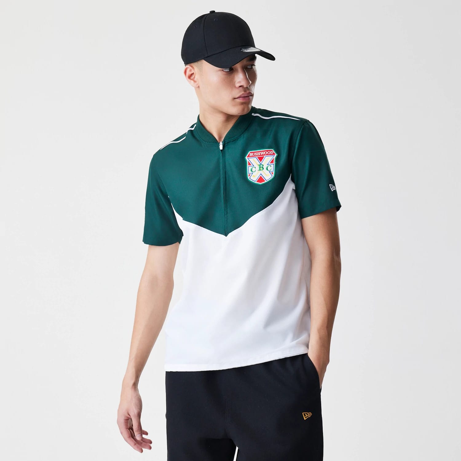 The Male model is wearing Caddyshack BushWood White 1/4 Zip Polo T-Shirt 1