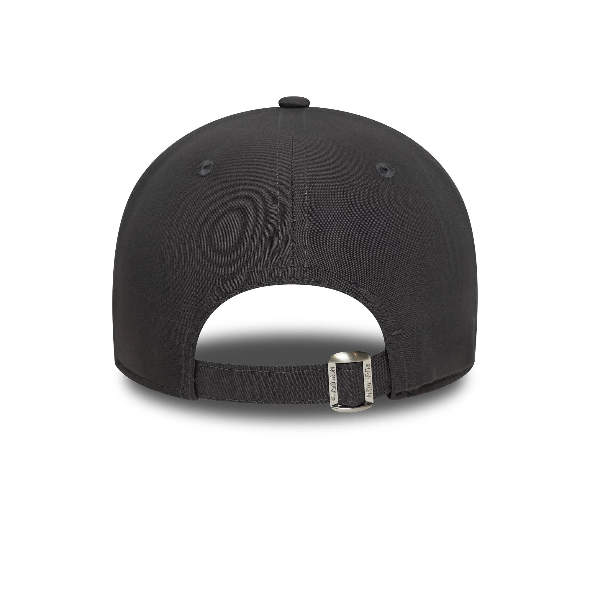 New York Yankees MLB Flawless Dark Grey New Era 9FORTY Adjustable Cap, rear view showing the adjustable fabric strap with a metallic buckle and the seamless dark grey back panels topped with a matching grey top button.