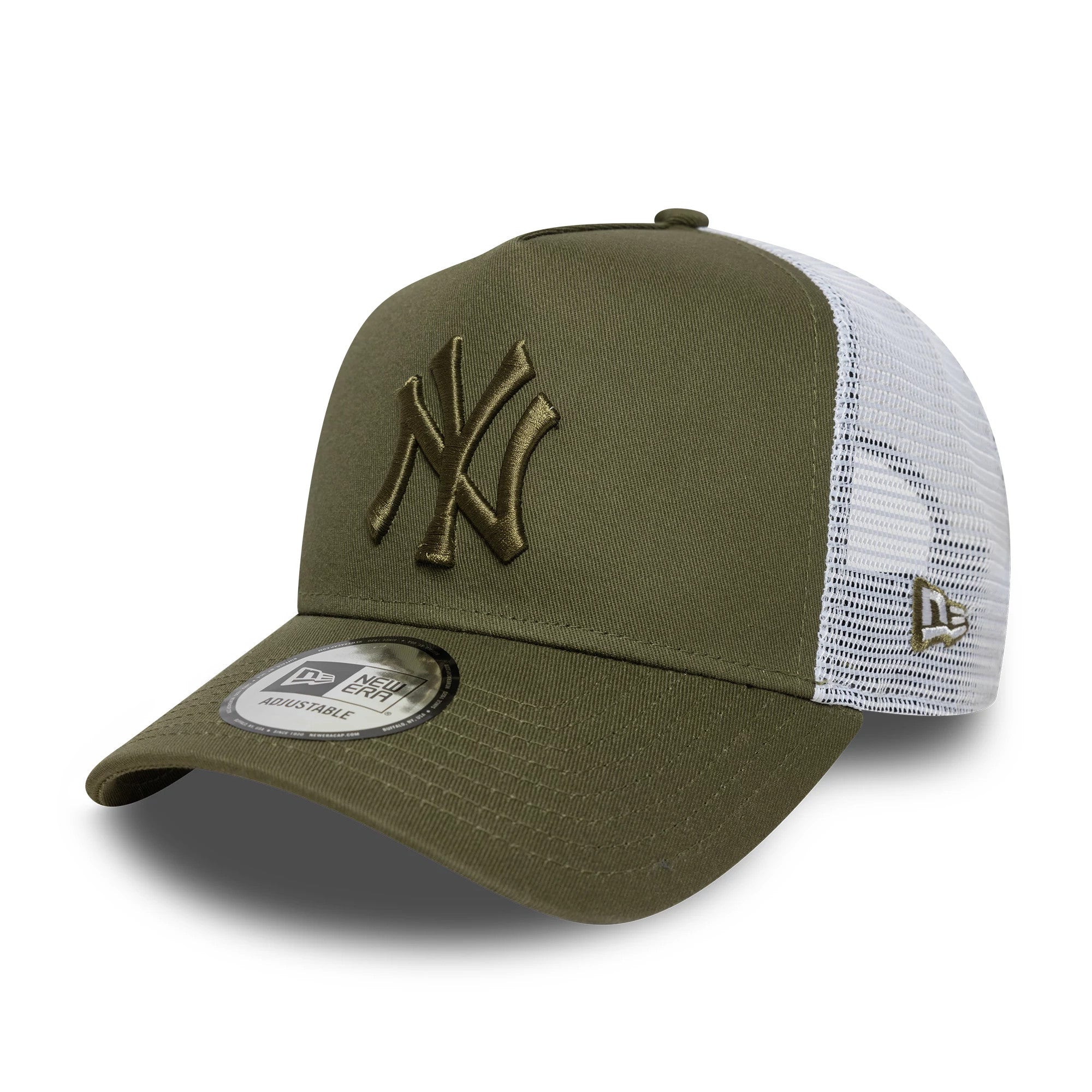 New York Yankees MLB League Essential Dark Green New Era 9FORTY E-Frame Trucker Adjustable Cap, front view with raised NY logo in matching dark green embroidery, white mesh back panels, and New Era flag logo on the left.