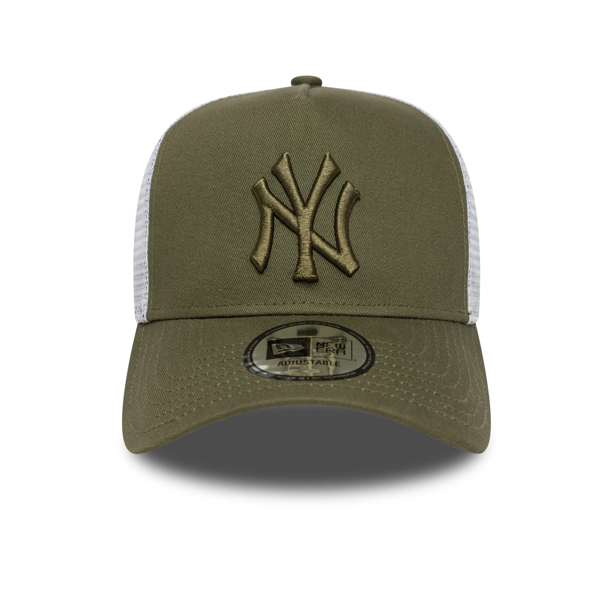 New York Yankees MLB League Essential Dark Green New Era 9FORTY E-Frame Trucker Adjustable Cap, front view showing a raised olive NY logo on the structured crown, a curved visor with a 9FORTY size sticker, and white mesh side panels.