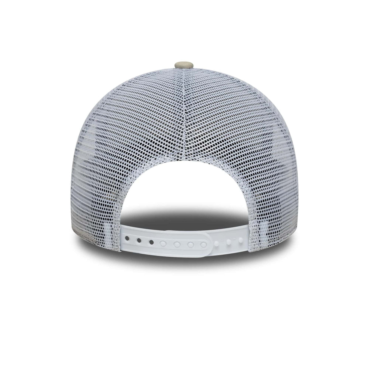 New York Yankees MLB League Essential Light Beige New Era 9FORTY E-Frame Trucker Adjustable Cap, rear view showing the white mesh back panels and adjustable strap, with a beige top button accentuating the cap's design.