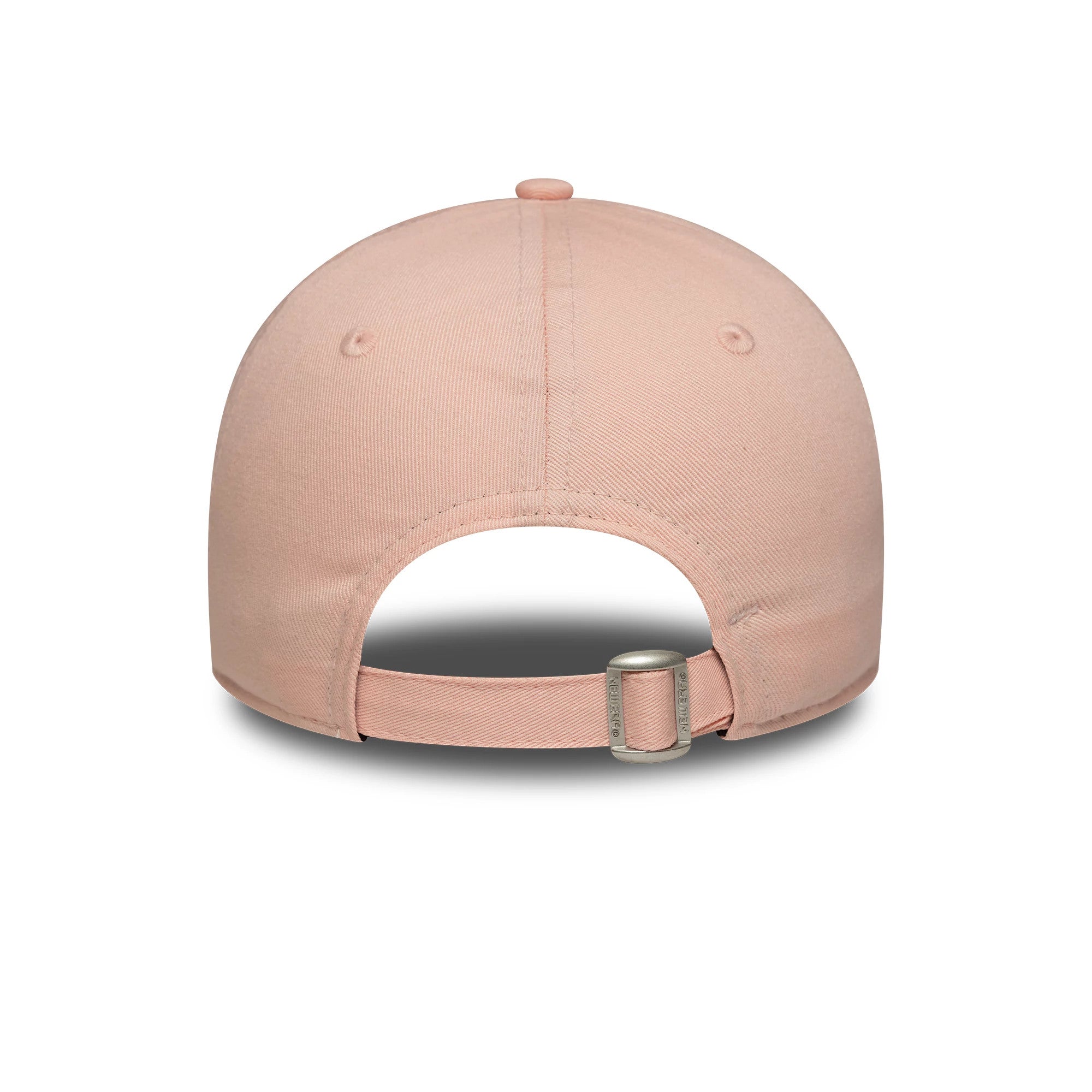 New York Yankees MLB League Essential Pastel Pink New Era 9FORTY Adjustable Cap, rear view showing the pastel pink strap with a silver metal buckle and perforations, with a smooth pastel pink crown and matching top button.