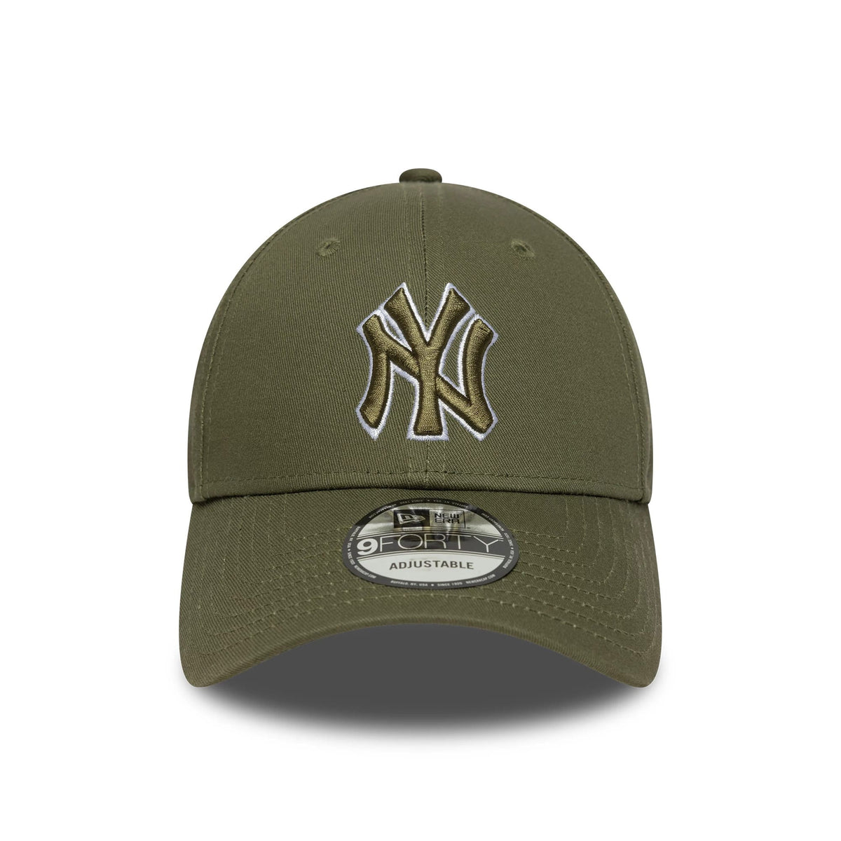 New York Yankees MLB Outline Dark Green New Era 9FORTY Adjustable Cap, front view with a raised olive NY logo outlined in white embroidery on the structured crown, featuring a curved visor and a 9FORTY size sticker on top.