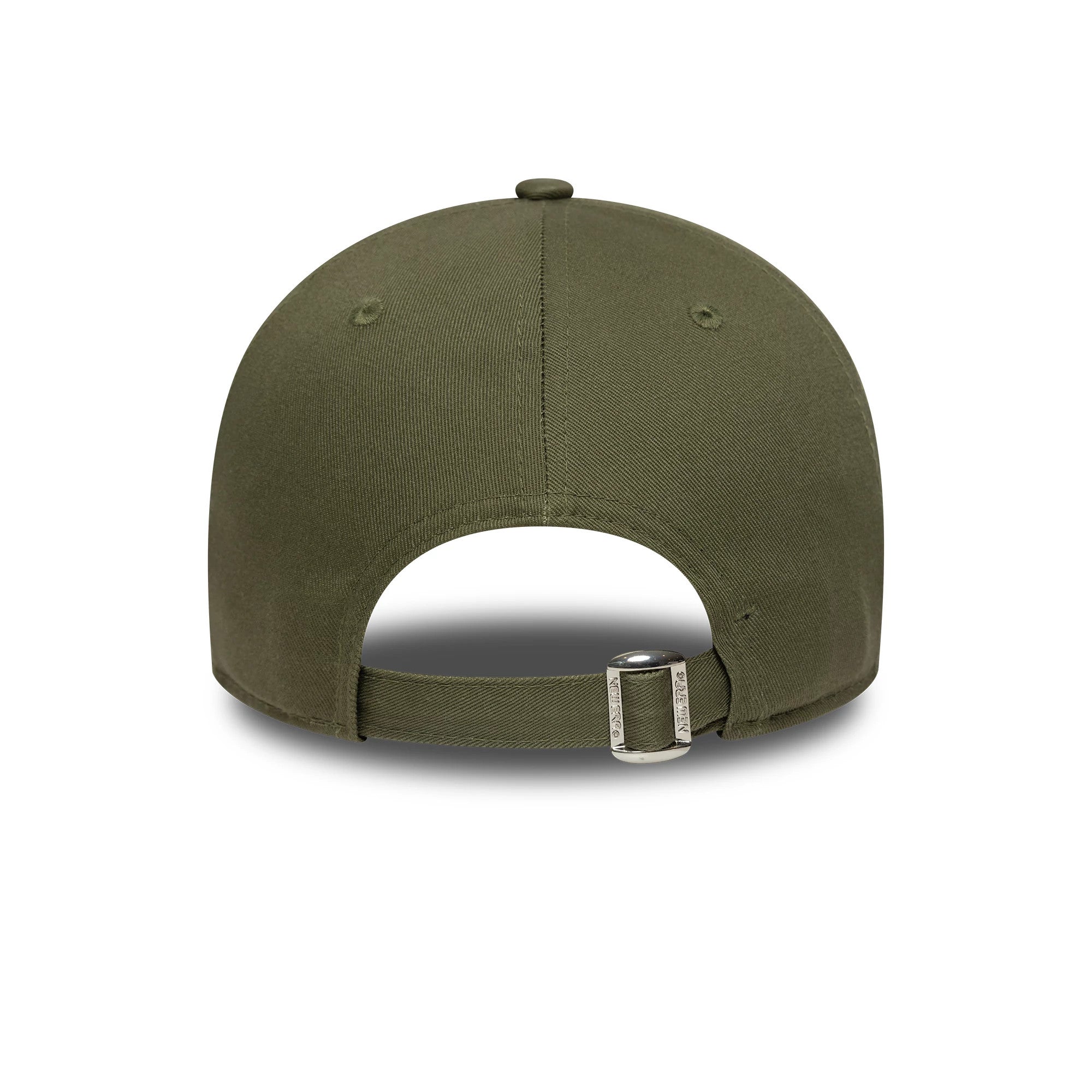 New York Yankees MLB Outline Dark Green New Era 9FORTY Adjustable Cap, rear view showing an unstructured crown with a metal buckle closure on the adjustable strap, featuring tonal eyelets and a matching top button.