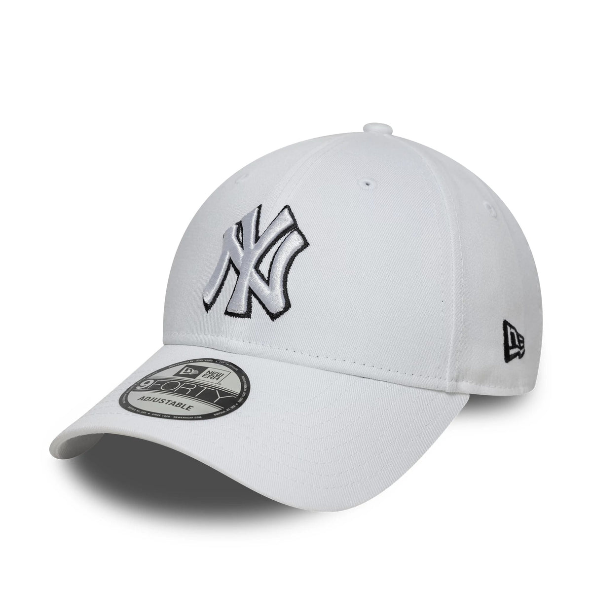New York Yankees MLB Outline White New Era 9FORTY Adjustable Cap, front view with raised black-outlined NY logo on the front panels, a curved visor with a 9FORTY size sticker, and a New Era flag logo on the left side.