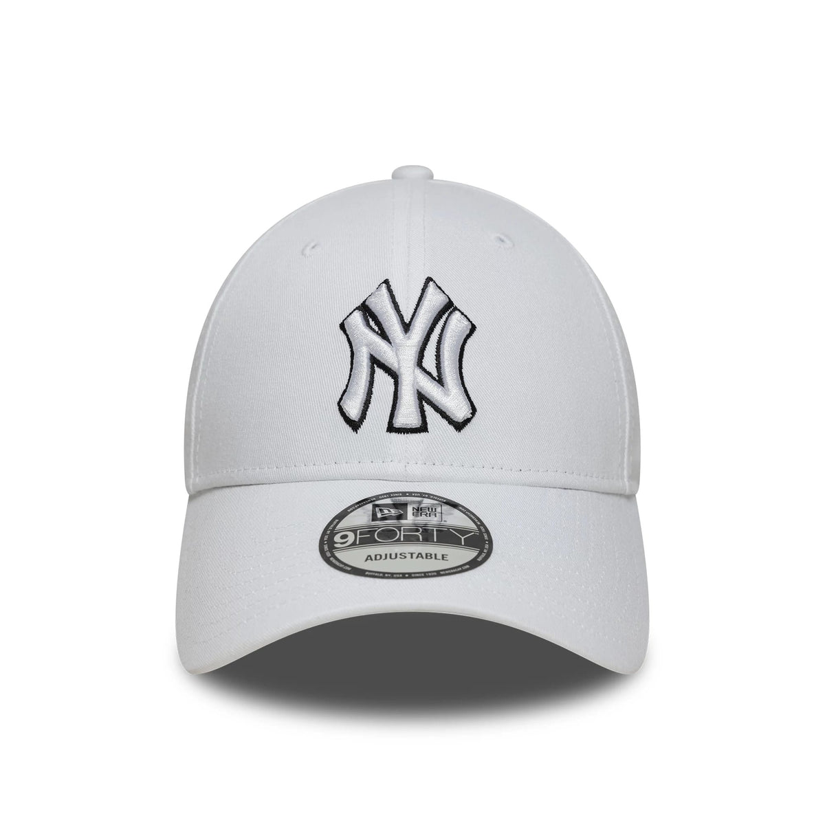 New York Yankees MLB Outline White New Era 9FORTY Adjustable Cap, front view with a raised embroidered black outlined NY logo on the front panel and a 9FORTY size sticker on the curved visor.