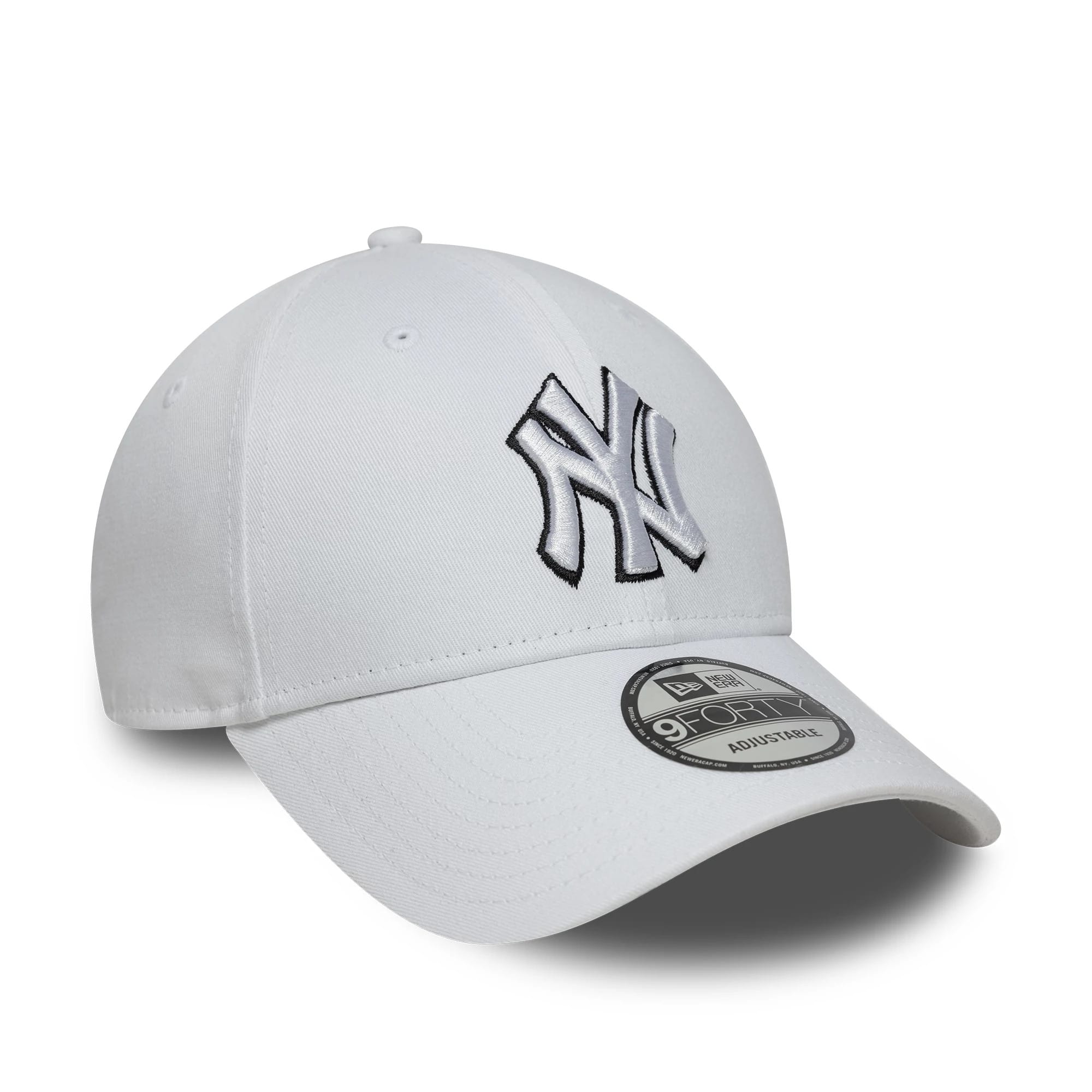 New York Yankees MLB Outline White New Era 9FORTY Adjustable Cap, three-quarter view showing a black and white embroidered Yankees logo on the front panel, a curved visor with a 9FORTY size sticker, and a white top button.