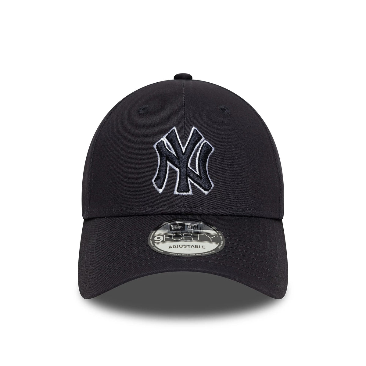 New York Yankees MLB Outline Navy New Era 9FORTY Adjustable Cap, front view showing the raised white embroidered NY logo on the crown, with curved visor featuring a 9FORTY size sticker and matching navy top button.