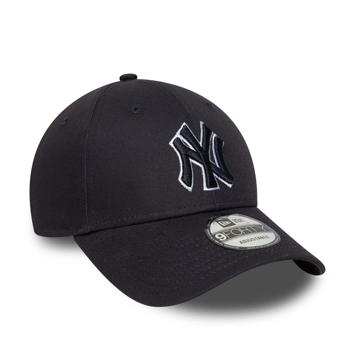 New York Yankees MLB Outline Navy New Era 9FORTY Adjustable Cap, three-quarter view showing white raised embroidery of the Yankees logo on the front panel, curved visor with 9FORTY size sticker, and navy structured crown with eyelets.