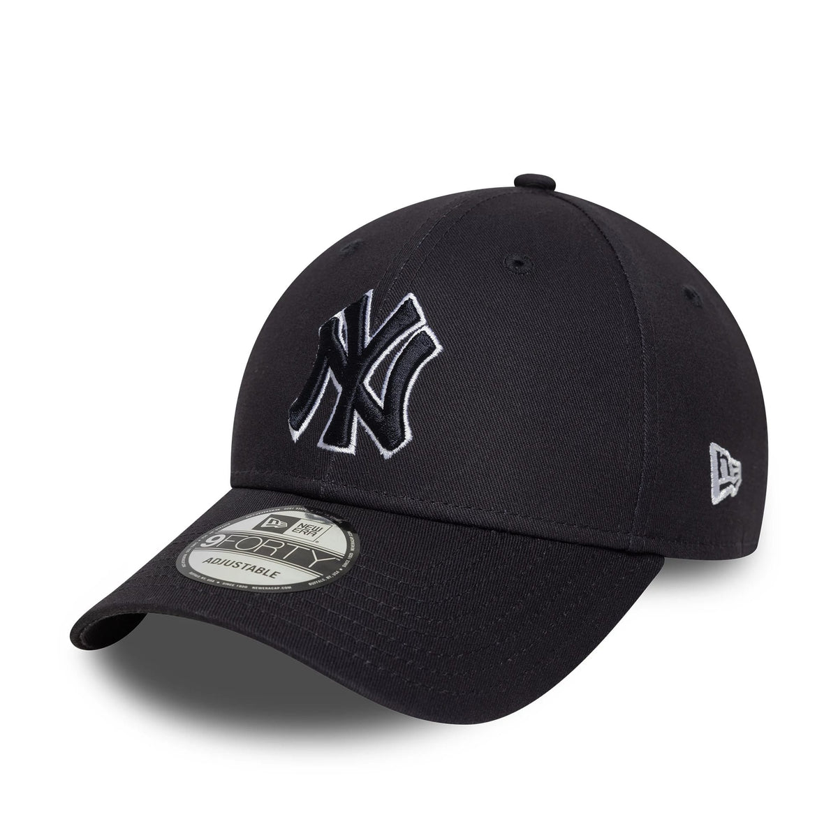 New York Yankees MLB Outline Navy New Era 9FORTY Adjustable Cap, front view showing the raised white-outlined NY logo embroidered on the front panel, a curved visor with a 9FORTY size sticker, and the New Era flag logo on the left side.