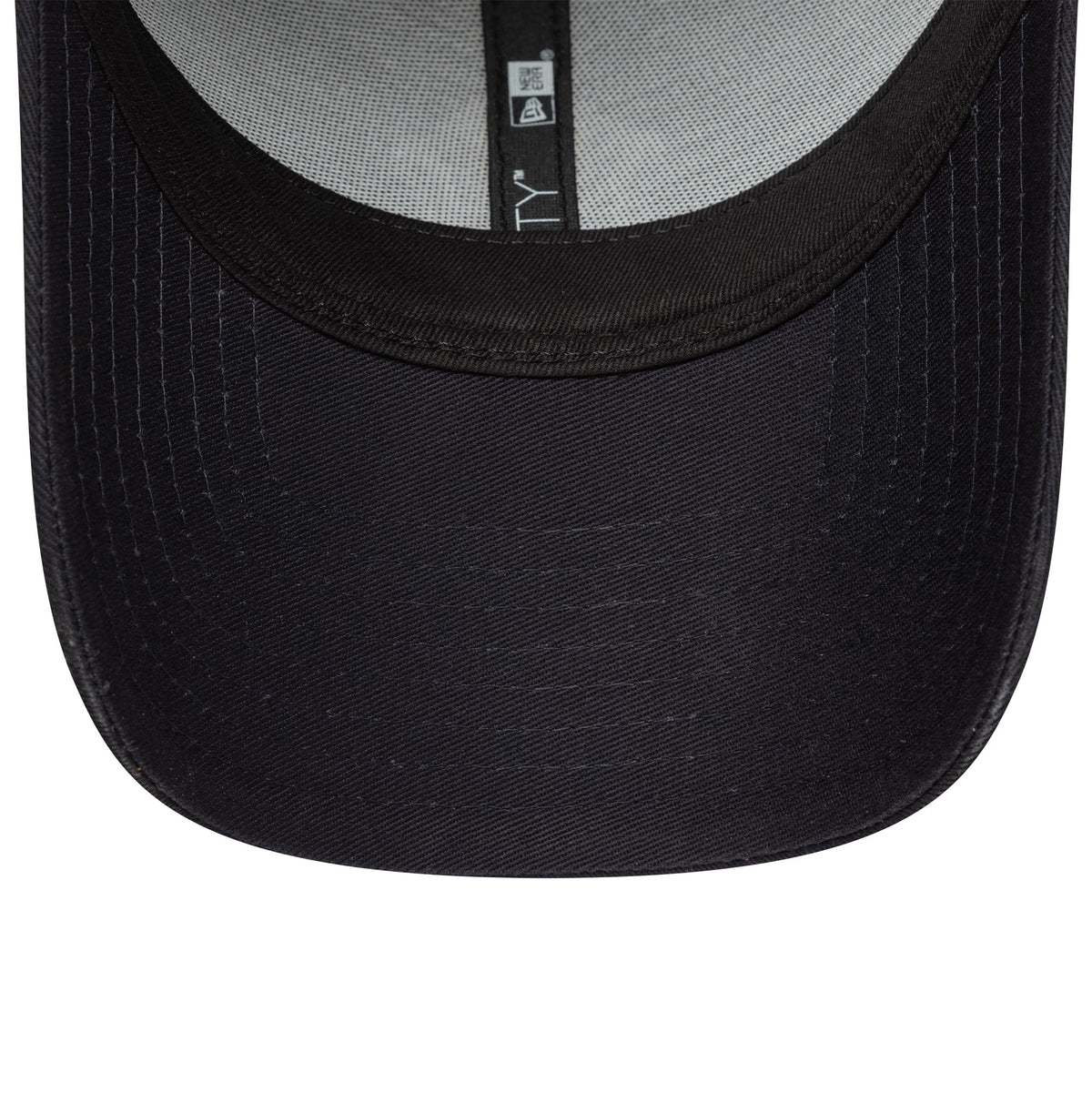 New York Yankees MLB Outline Navy New Era 9FORTY Adjustable Cap, inside view showing the black sweatband and dark undervisor, with grey mesh taping featuring branding in white print along the centre.