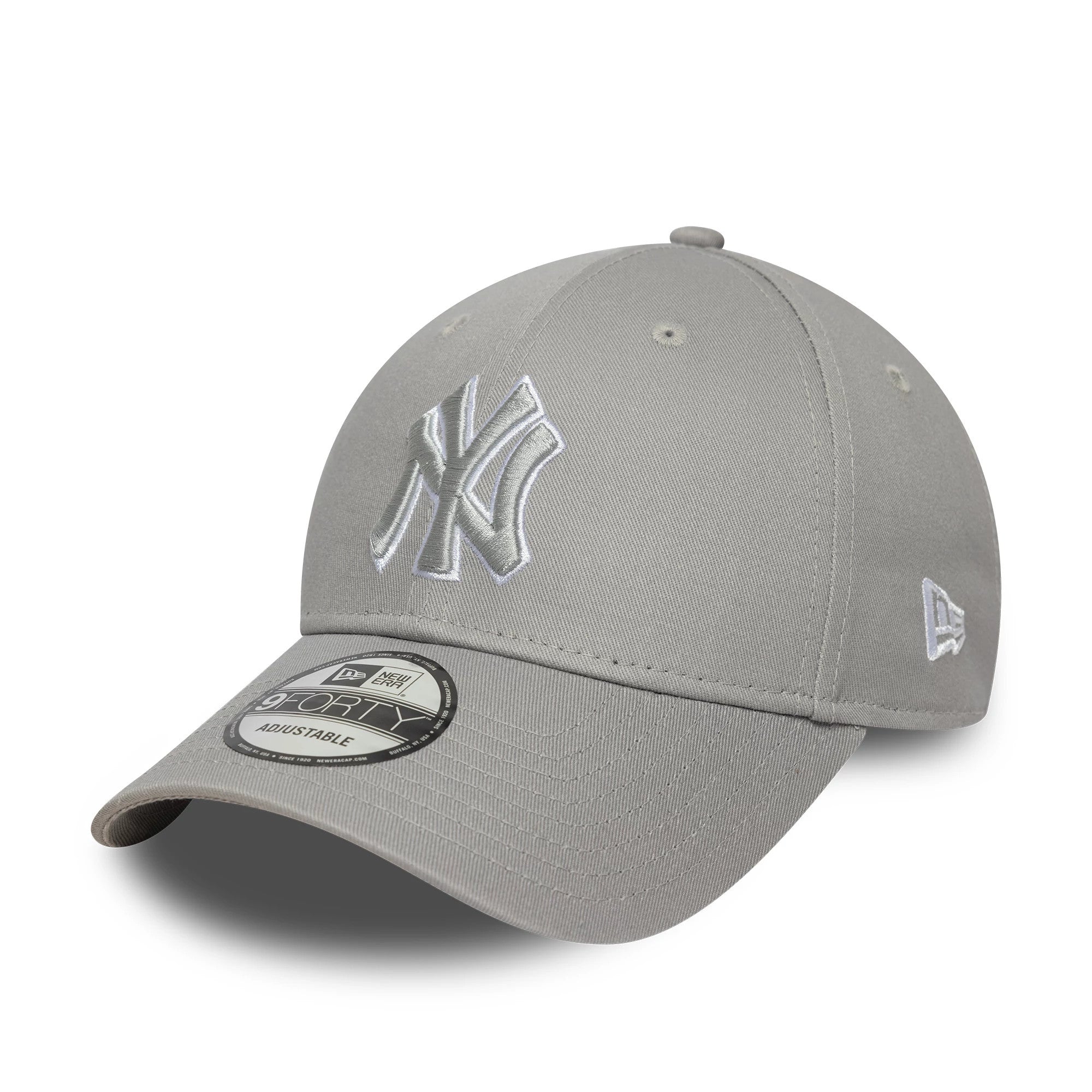 New York Yankees MLB Outline Grey New Era 9FORTY Adjustable Cap, three-quarter view showing the raised white embroidered NY logo on the front panel, with a curved visor featuring a 9FORTY size sticker and New Era flag logo on the left side.