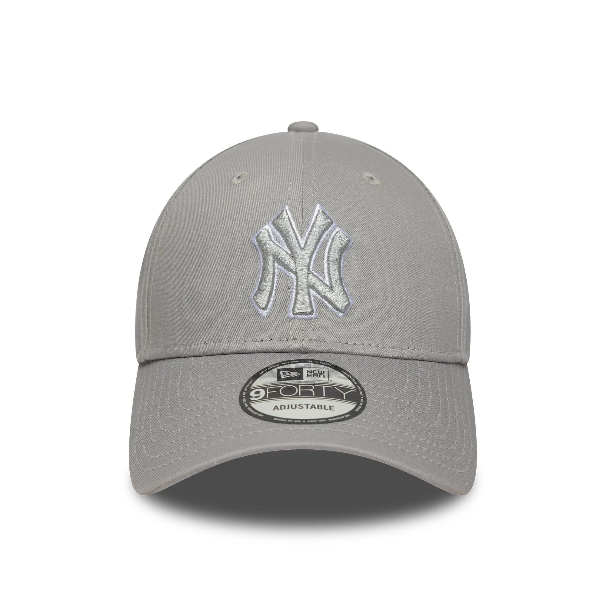 New York Yankees MLB Outline Grey New Era 9FORTY Adjustable Cap, front view showing a raised embroidered NY logo in white on the front panel with a curved visor and the 9FORTY size sticker on top.