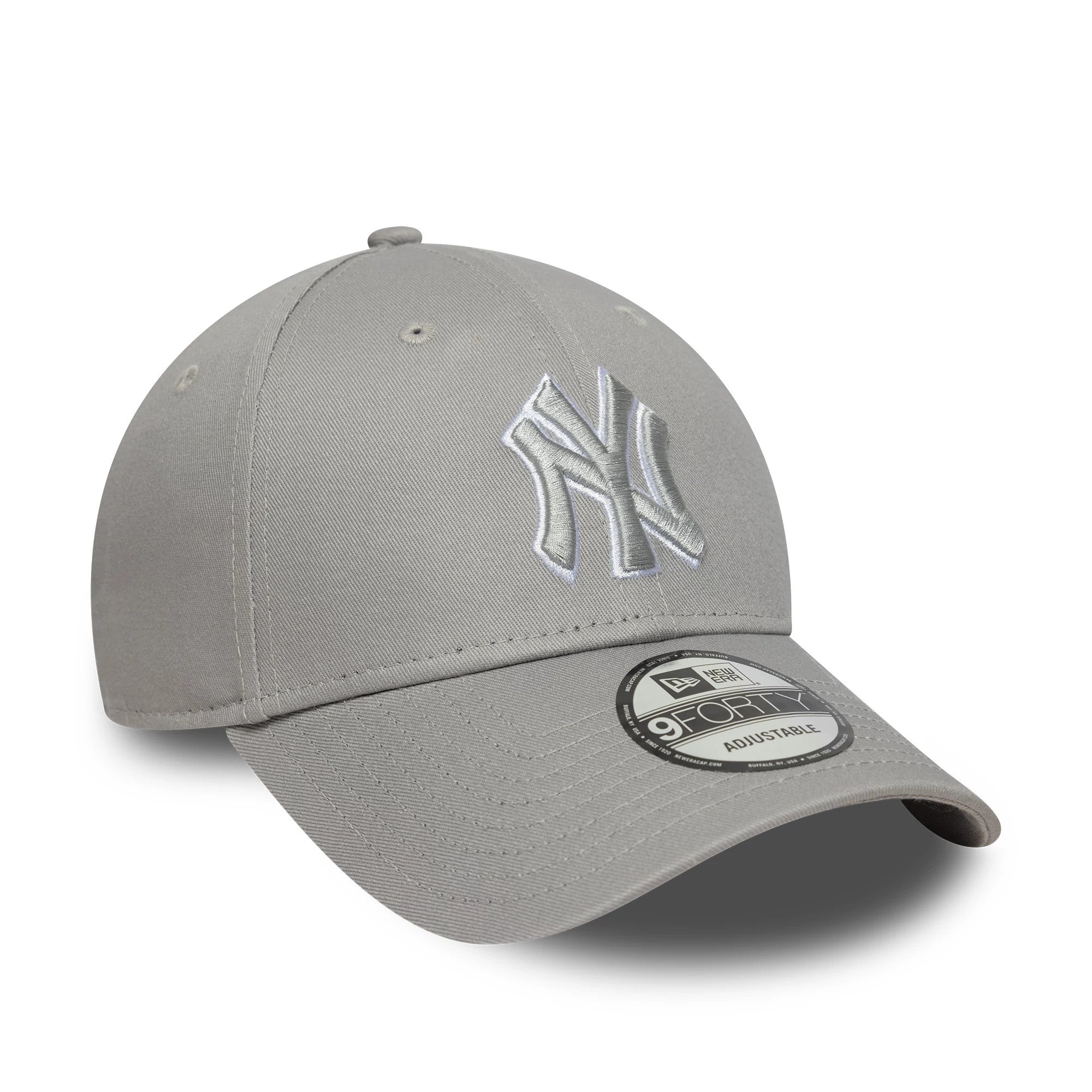 New York Yankees MLB Outline Grey New Era 9FORTY Adjustable Cap, three-quarter view showing raised white embroidered NY logo on front panel, grey curved visor featuring black and white 9FORTY size sticker, and matching grey top button.