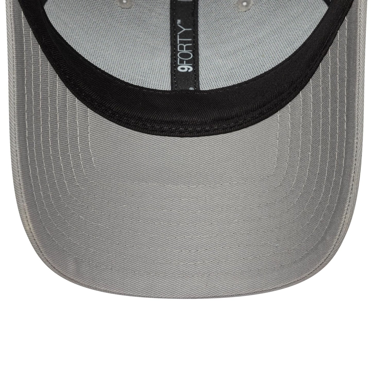 New York Yankees MLB Outline Grey New Era 9FORTY Adjustable Cap, inside view showing the black sweatband, grey taping with 9FORTY branding, and the grey undervisor with detailed stitching.