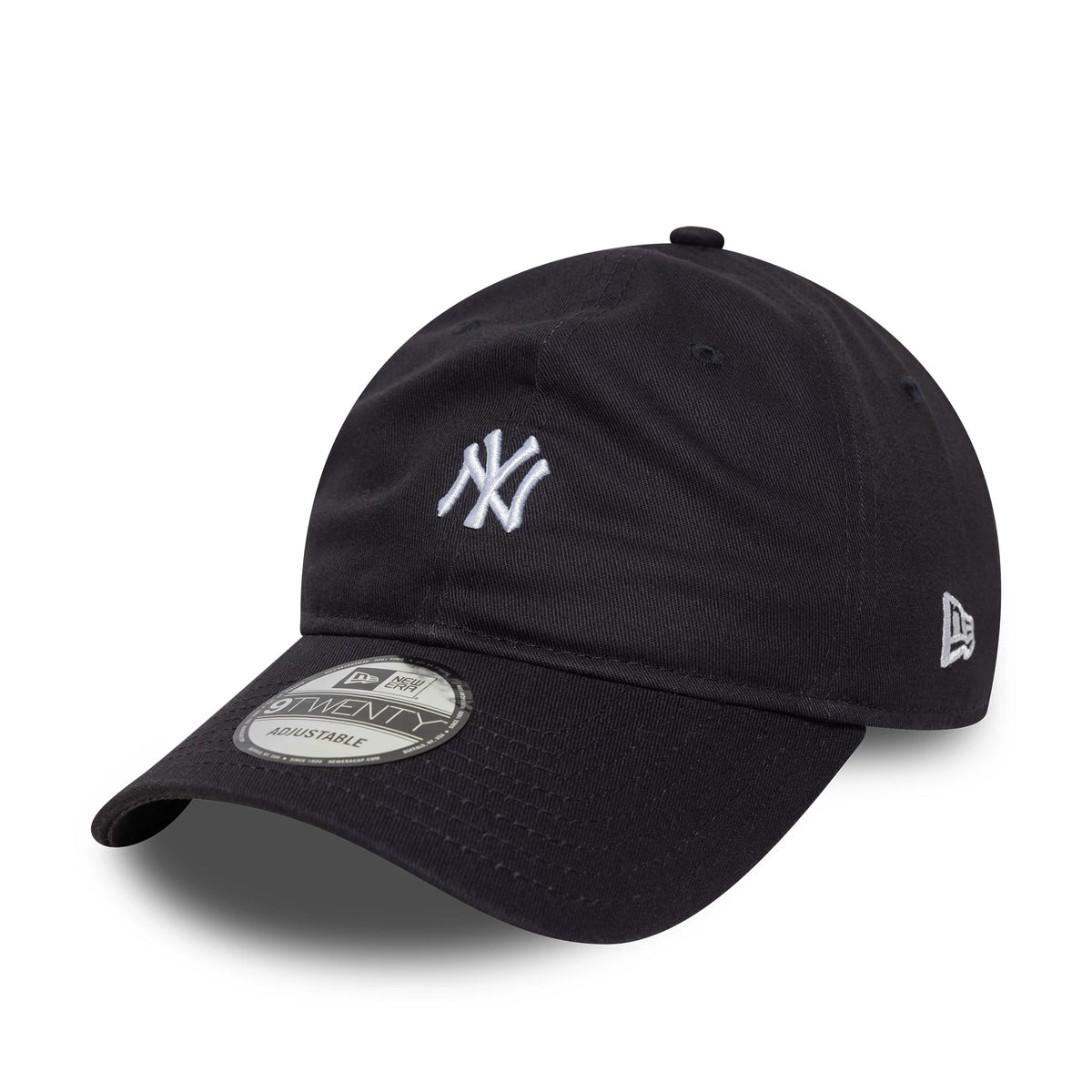 New York Yankees MLB Mini Logo Navy New Era 9TWENTY Adjustable Cap, front view showing the white NY logo in raised embroidery on the navy crown, with the New Era flag logo on the left side and a 9TWENTY size sticker on the curved visor.