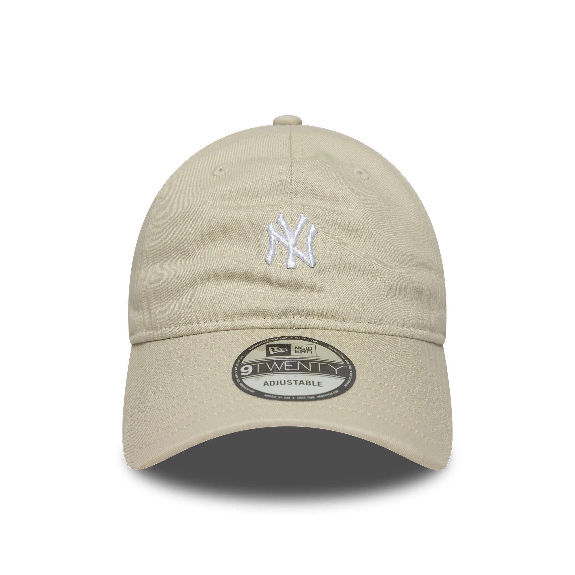 New York Yankees MLB Mini Logo Cream New Era 9TWENTY Adjustable Cap, front view showing white embroidered NY logo on the front panel with a 9TWENTY size sticker on the curved visor and cream eyelets throughout.