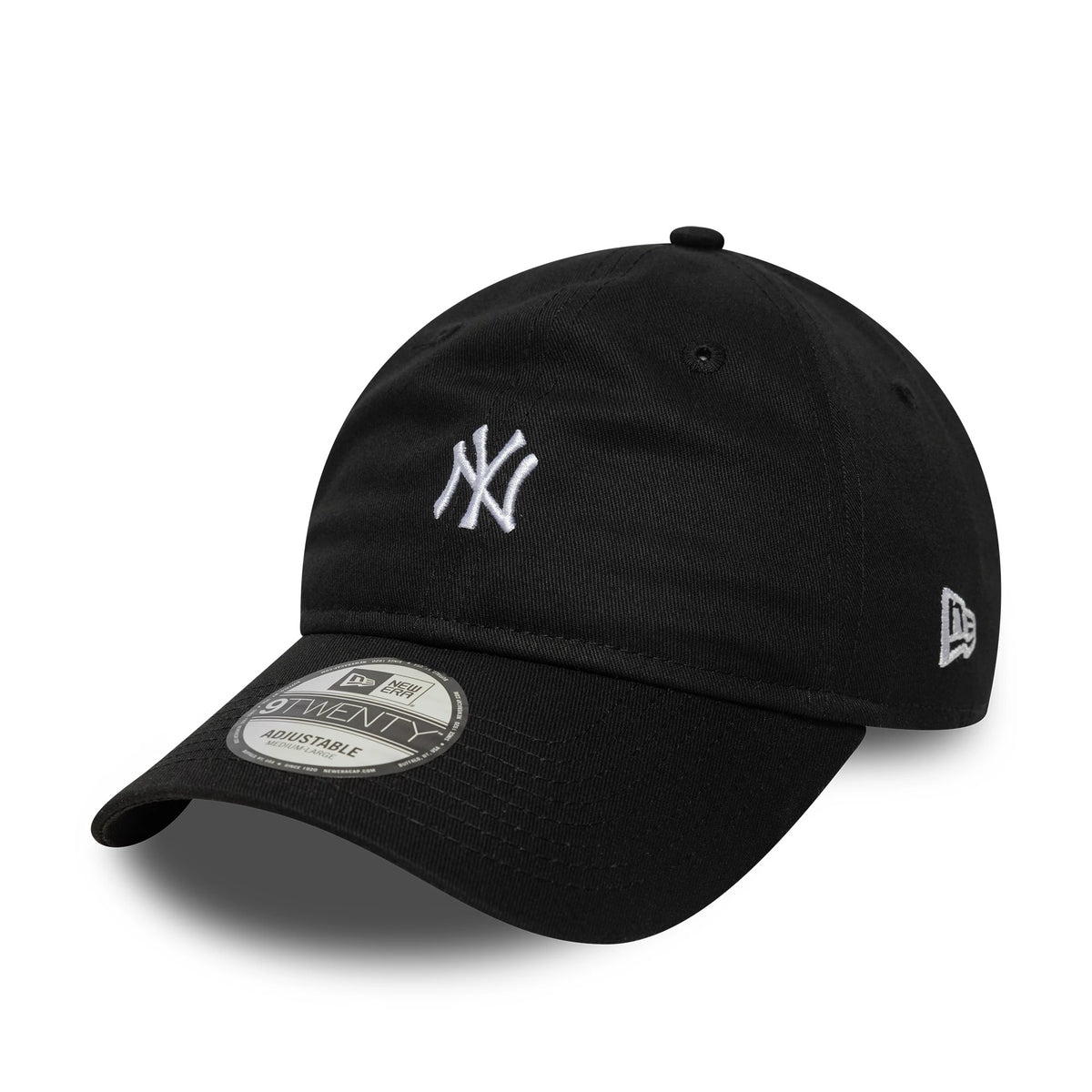 New York Yankees MLB Mini Logo Black New Era 9TWENTY Adjustable Cap, three-quarter view showing white NY logo embroidered on the front panel, New Era flag logo on the left side, and a 9TWENTY size sticker on the curved visor.