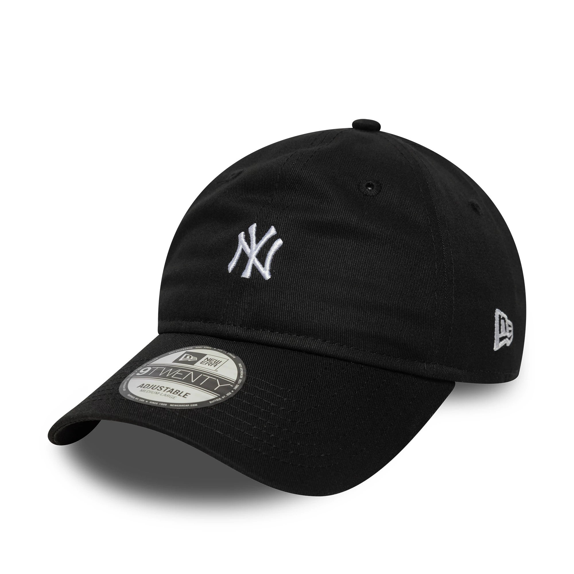 New York Yankees MLB Mini Logo Black New Era 9TWENTY Adjustable Cap, three-quarter view showing white NY logo embroidered on the front panel, New Era flag logo on the left side, and a 9TWENTY size sticker on the curved visor.
