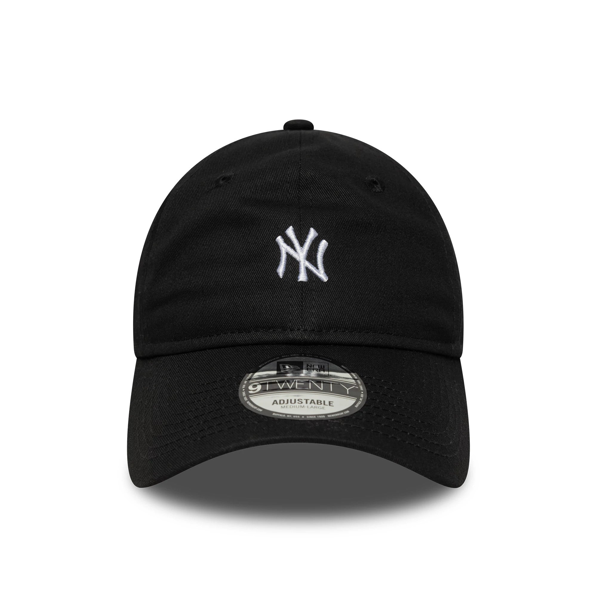 New York Yankees MLB Mini Logo Black New Era 9TWENTY Adjustable Cap, front view showing the white raised embroidered NY logo on the front panel and the 9TWENTY size sticker on the curved visor.