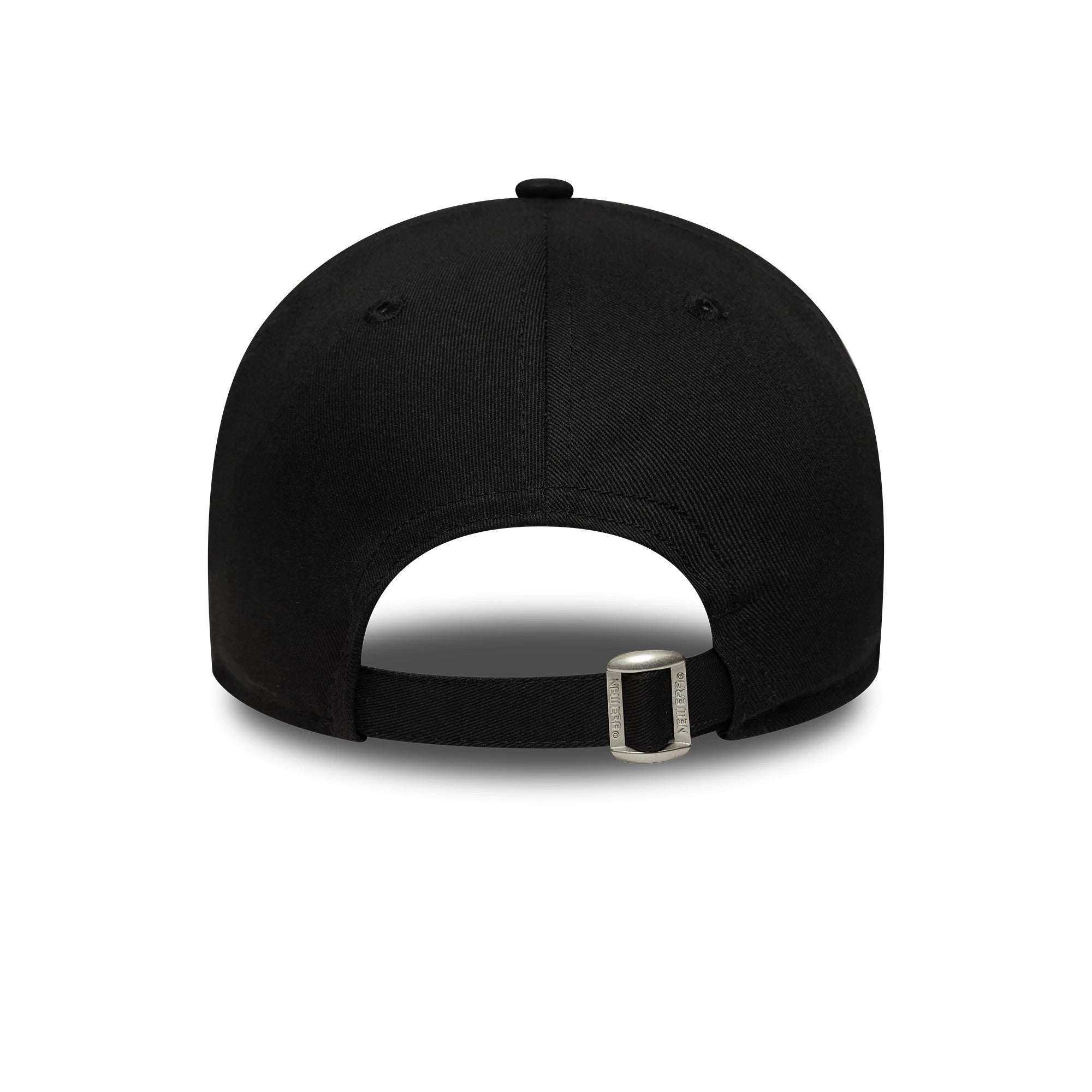 New York Yankees MLB Mini Logo Black New Era 9TWENTY Adjustable Cap, rear view showing the sleek black adjustable strap with a silver buckle, positioned below the top button on the structured black crown.