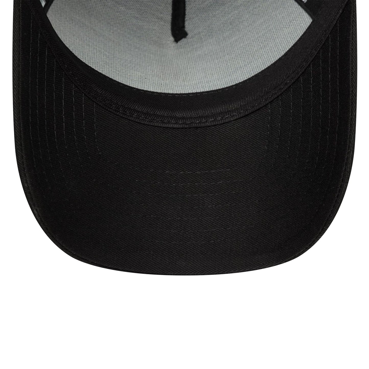 Yankees MLB League Essential Black on Black New Era 9FORTY E-Frame Adjustable Cap, inside view showing the grey undervisor and black internal taping, with a glimpse of the structured crown and sweatband stitching.