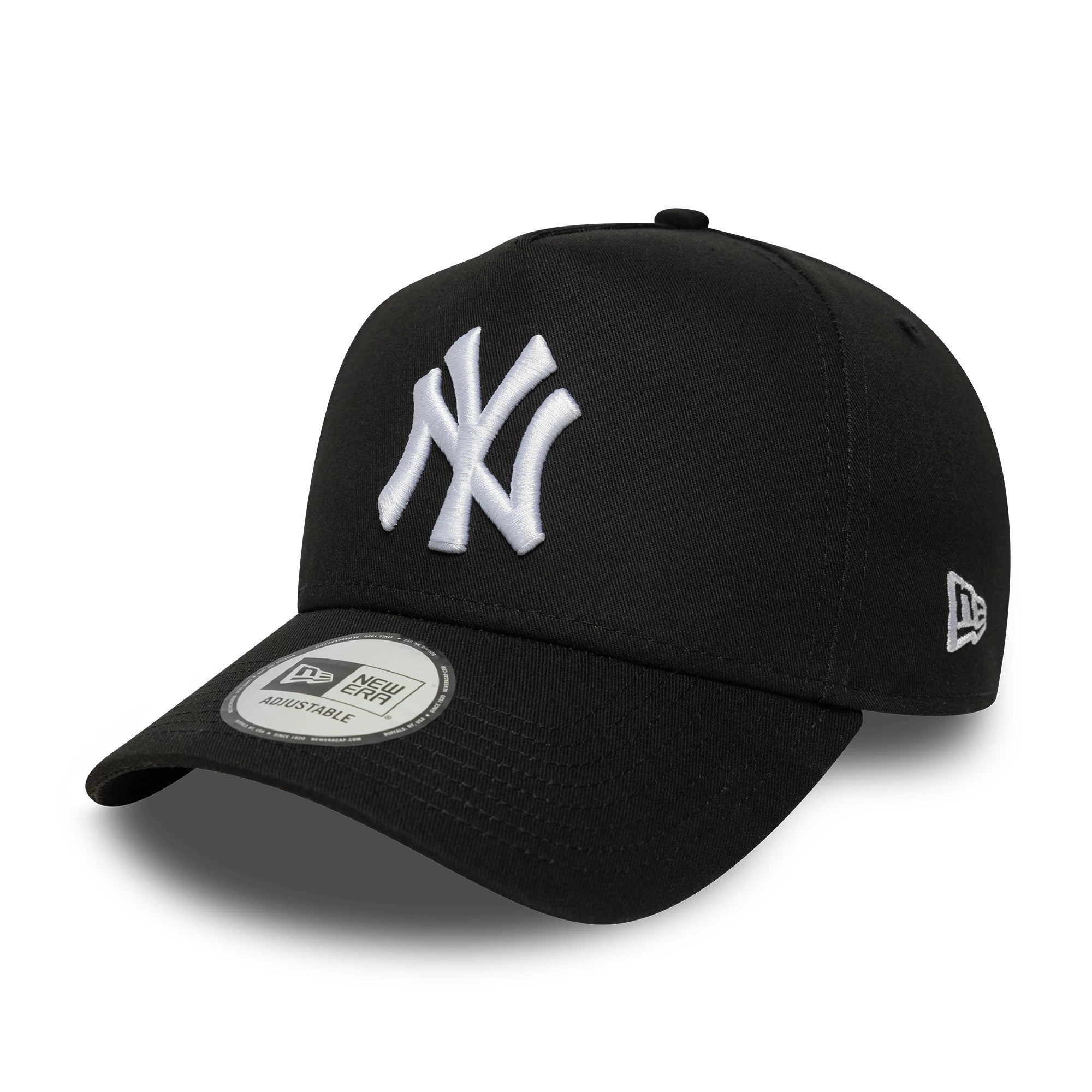 New York Yankees MLB League Essential Black New Era 9FORTY E-Frame Adjustable Cap, three-quarter view with raised white embroidered NY logo on front panel, curved black visor with a 9FORTY size sticker, and New Era flag logo on the left side.