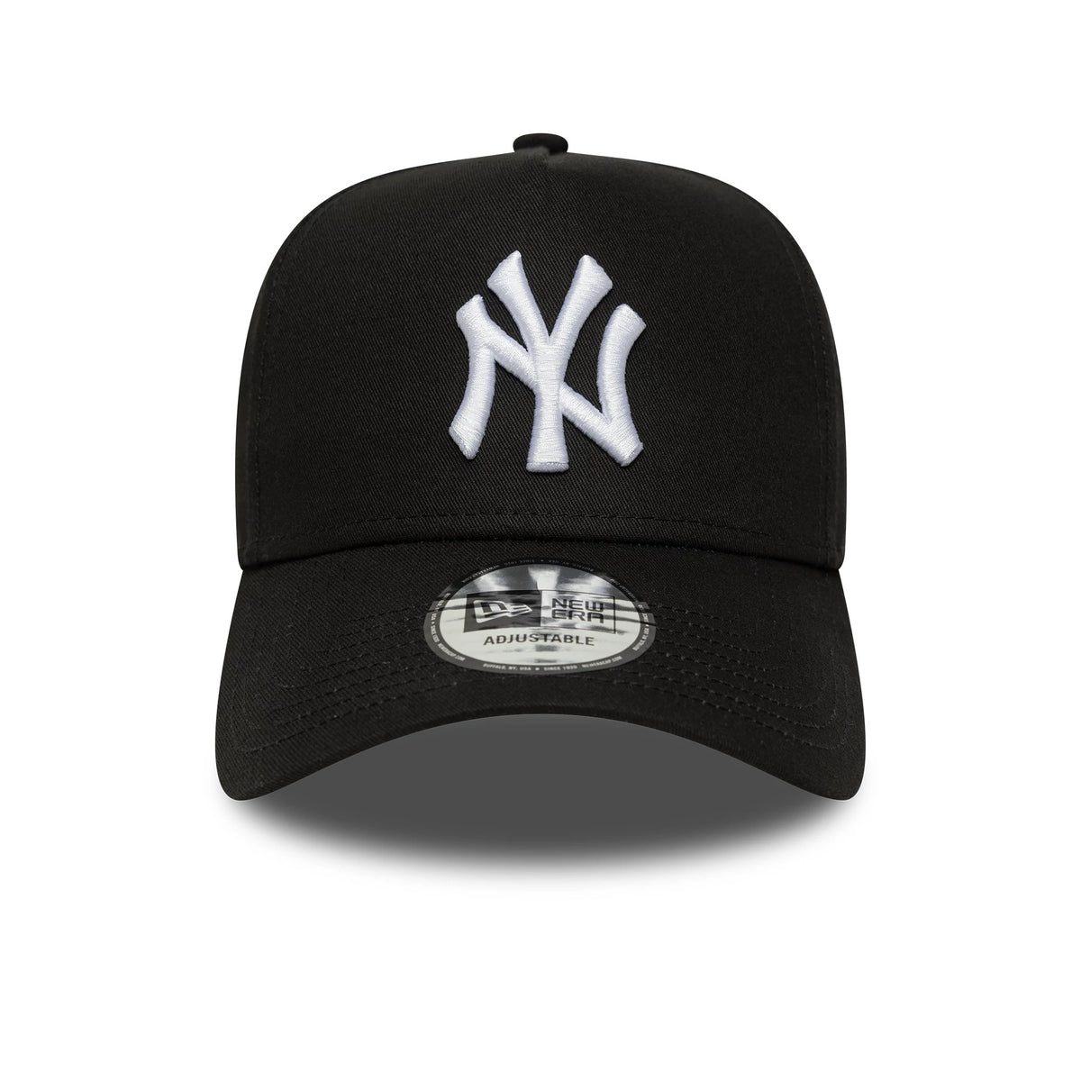 New York Yankees MLB League Essential Black New Era 9FORTY E-Frame Adjustable Cap, front view showing the white embroidered NY logo on the structured black crown and the 9FORTY size sticker on the curved visor.