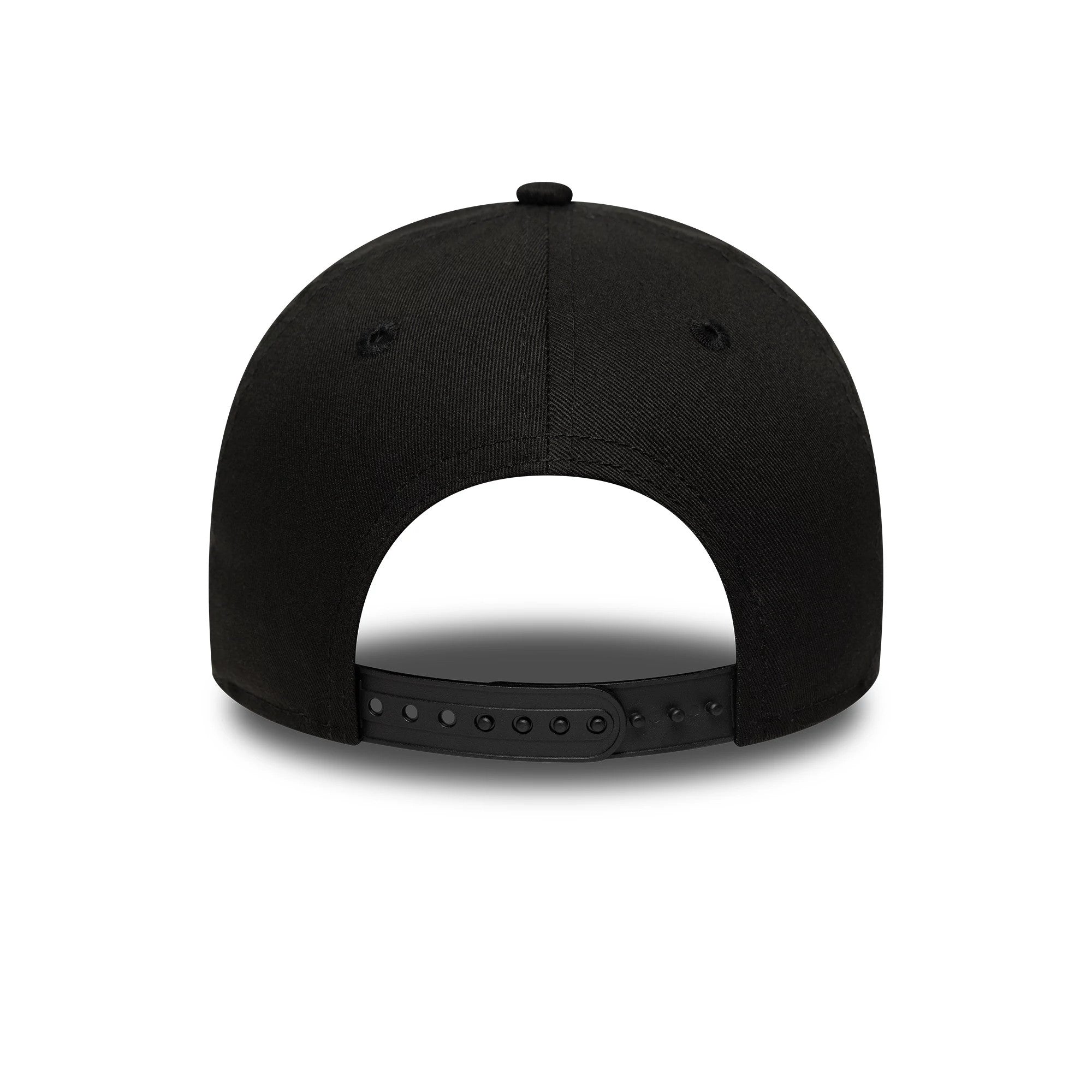 New York Yankees MLB League Essential Black New Era 9FORTY E-Frame Adjustable Cap, rear view showing the black adjustable strap with a plastic buckle, centred on the structured black crown with eyelets on each panel.