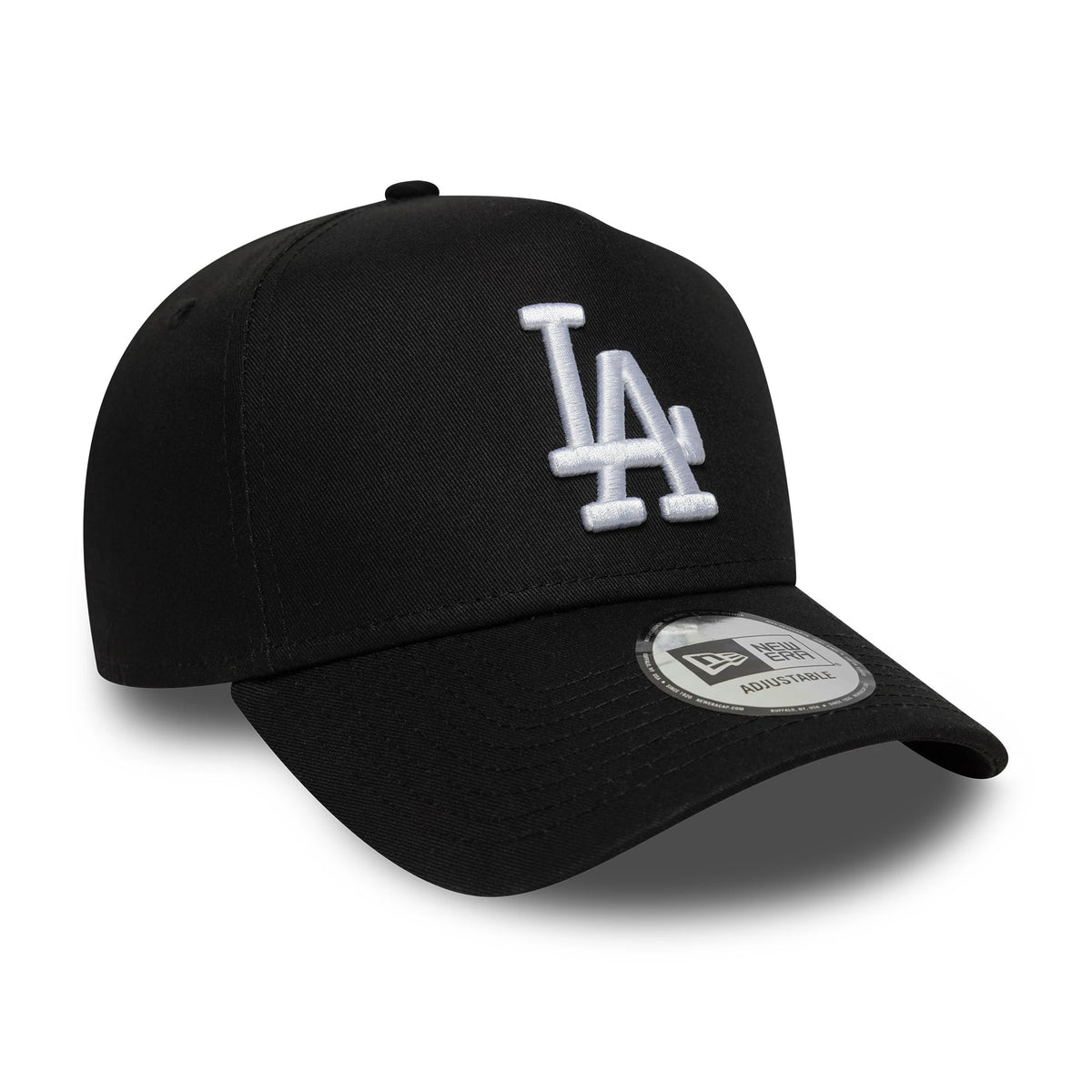 Los Angeles Dodgers MLB League Essential Black New Era 9FORTY E-Frame Adjustable Cap, three-quarter view showing the raised white embroidered LA logo on the front panel and the 9FORTY size sticker on the black curved visor.