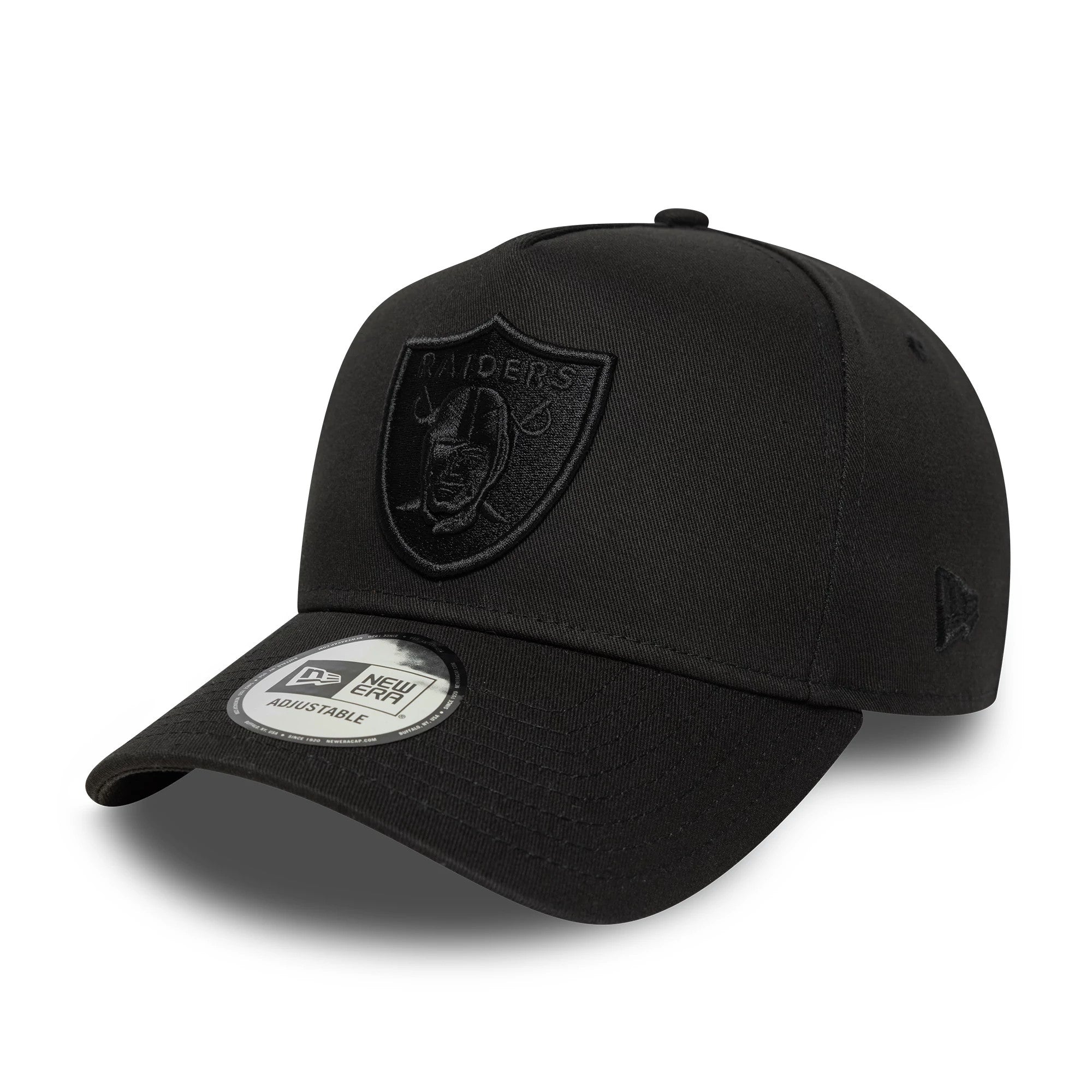 Las Vegas Raiders NFL Essential Black New Era 9FORTY E-Frame Adjustable Cap, front view showing the black raised embroidered Raiders shield logo on the front panel and the New Era flag logo on the left side, with a 9FORTY size sticker on the visor.