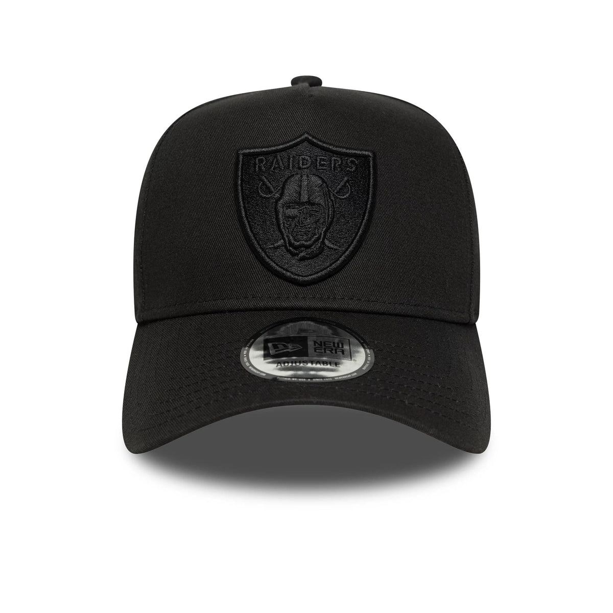Las Vegas Raiders NFL Essential Black New Era 9FORTY E-Frame Adjustable Cap, front view showing the black embroidered Raiders logo on the front panel and the 9FORTY size sticker on the curved black visor.