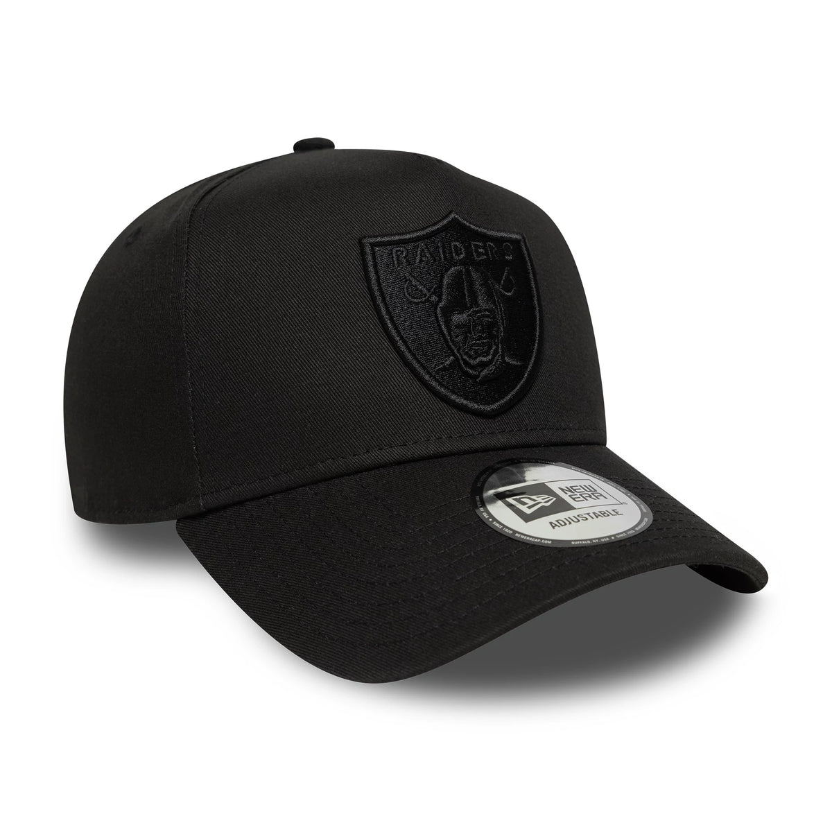 Las Vegas Raiders NFL Essential Black New Era 9FORTY E-Frame Adjustable Cap, front view with a black embroidered Raiders shield logo on the front panel and a 9FORTY size sticker on the curved black visor.