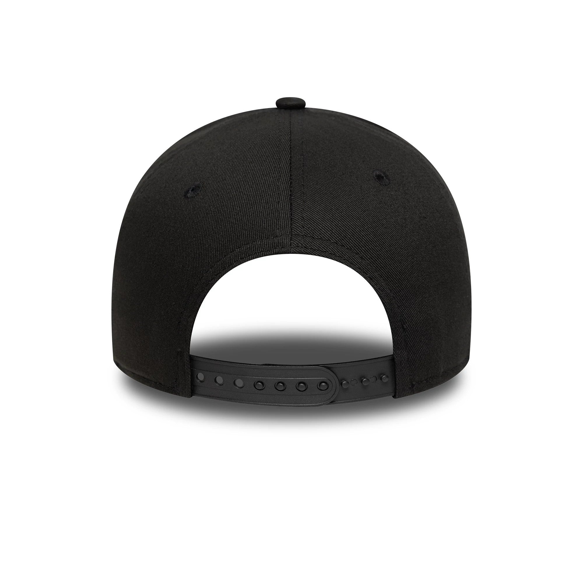 Las Vegas Raiders NFL Essential Black New Era 9FORTY E-Frame Adjustable Cap, rear view showing the black adjustable snap closure and unadorned back panels on the structured black crown.