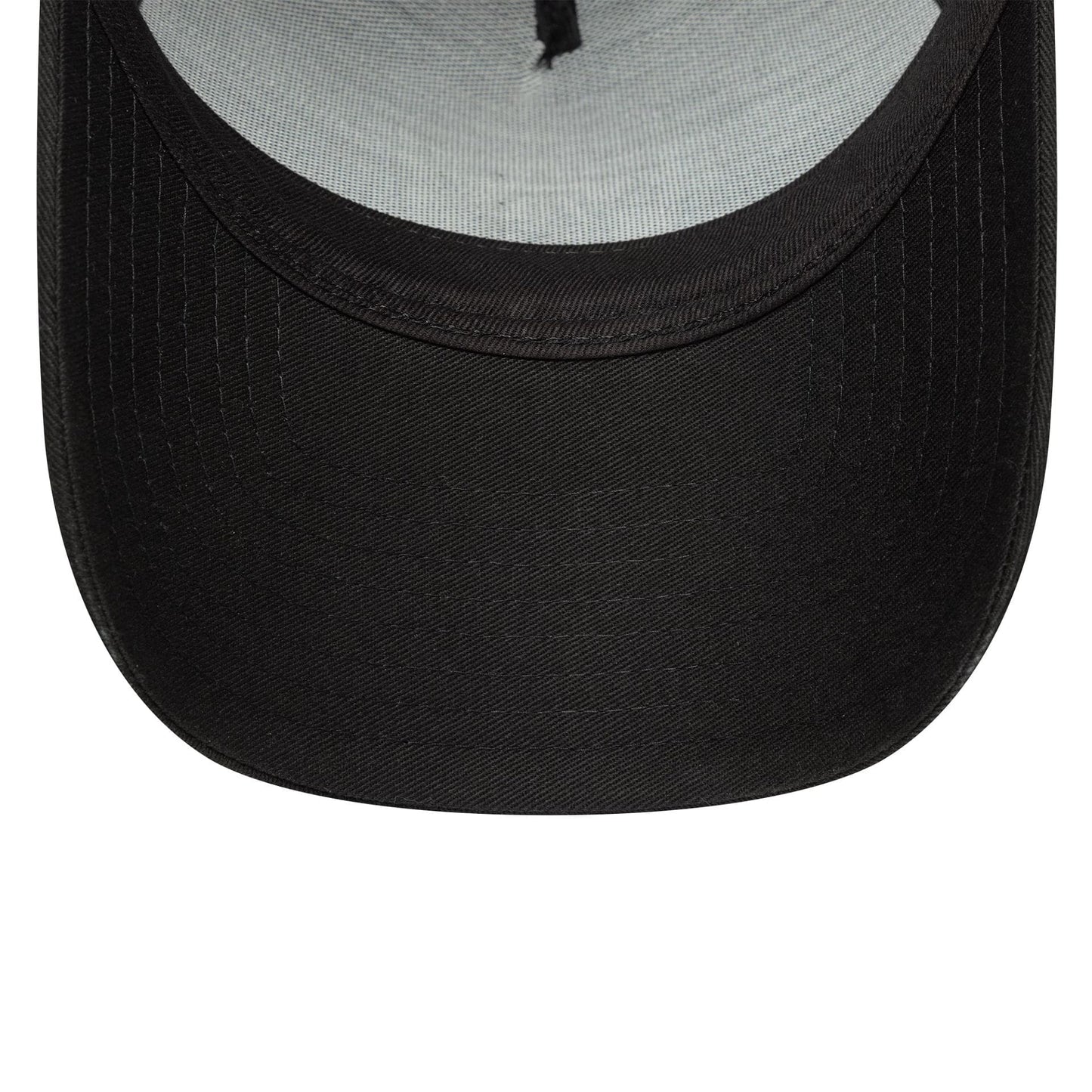 Las Vegas Raiders NFL Essential Black New Era 9FORTY E-Frame Adjustable Cap, inside view showing the grey undervisor beneath the curved black visor and detailed stitching along the edges.