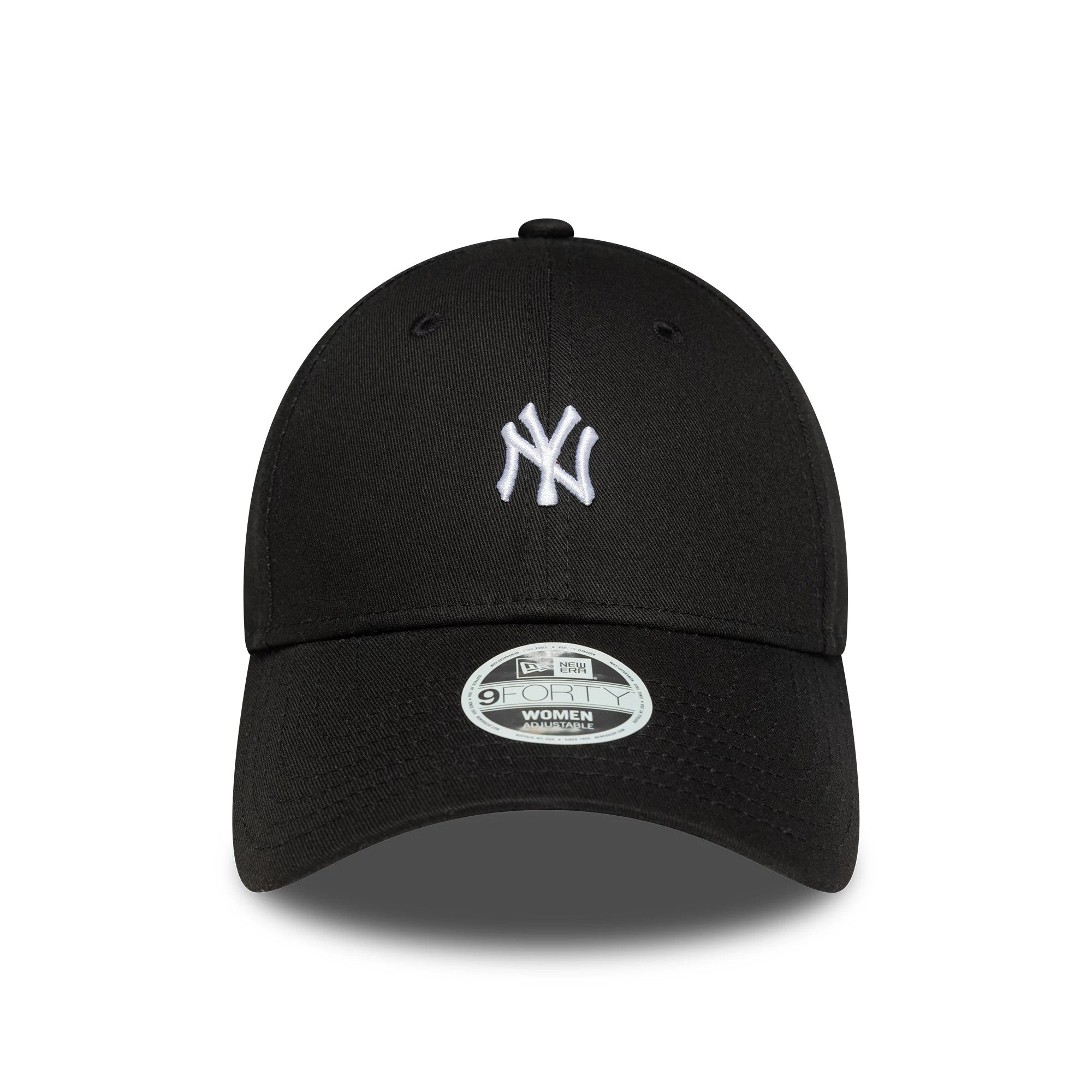 New York Yankees Womens MLB Mini Logo Black New Era 9FORTY Adjustable Cap, front view showing the white embroidered NY logo centred on the black crown, with an attached 9FORTY size sticker on the curved visor.