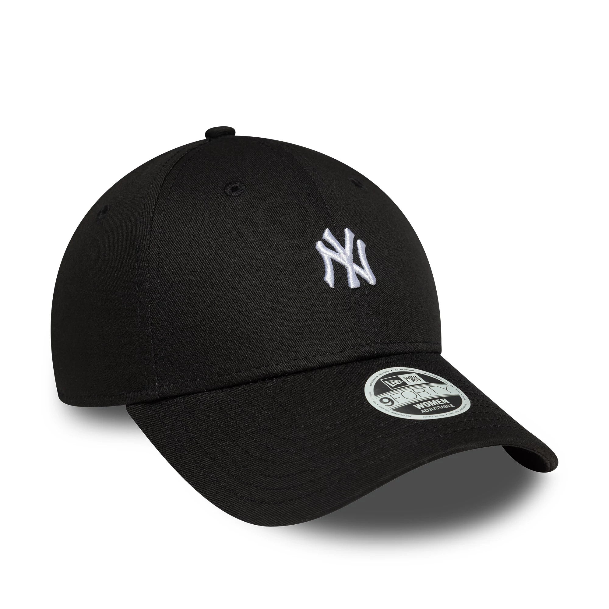 New York Yankees Womens MLB Mini Logo Black New Era 9FORTY Adjustable Cap, three-quarter view showing the white embroidered NY logo on the front panel, a curved black visor, and a 9FORTY size sticker on top of the visor.