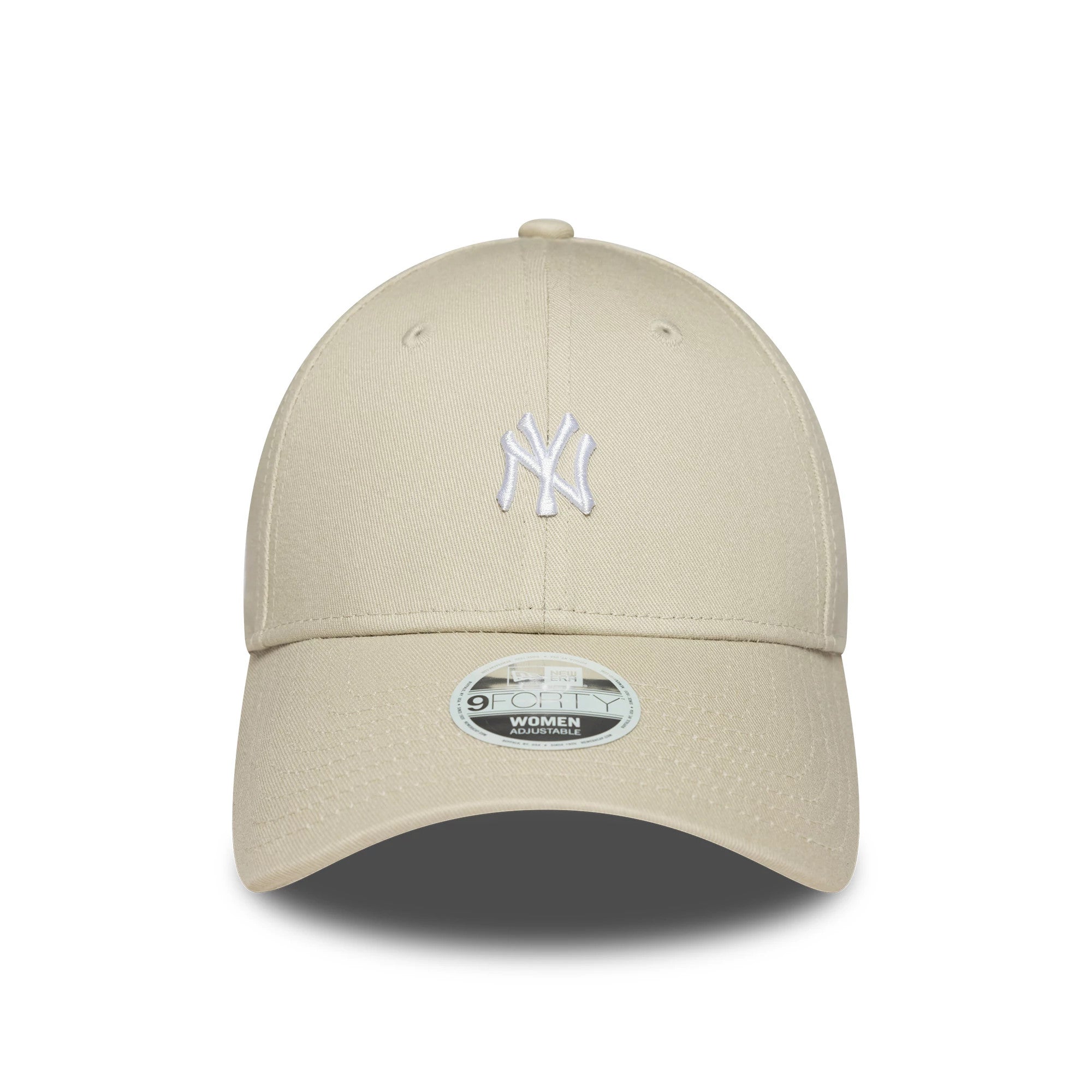New York Yankees Womens MLB Mini Logo Cream New Era 9FORTY Adjustable Cap, front view showing a white embroidered NY logo on the front panel, cream visor accented by a 9FORTY size sticker on top.