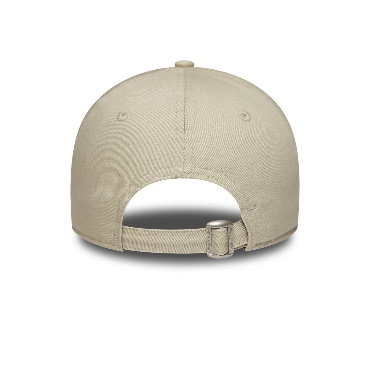 New York Yankees Womens MLB Mini Logo Cream New Era 9FORTY Adjustable Cap, rear view showing the open back with an adjustable strap, centred on the unstructured cream crown with matching top button and eyelets.