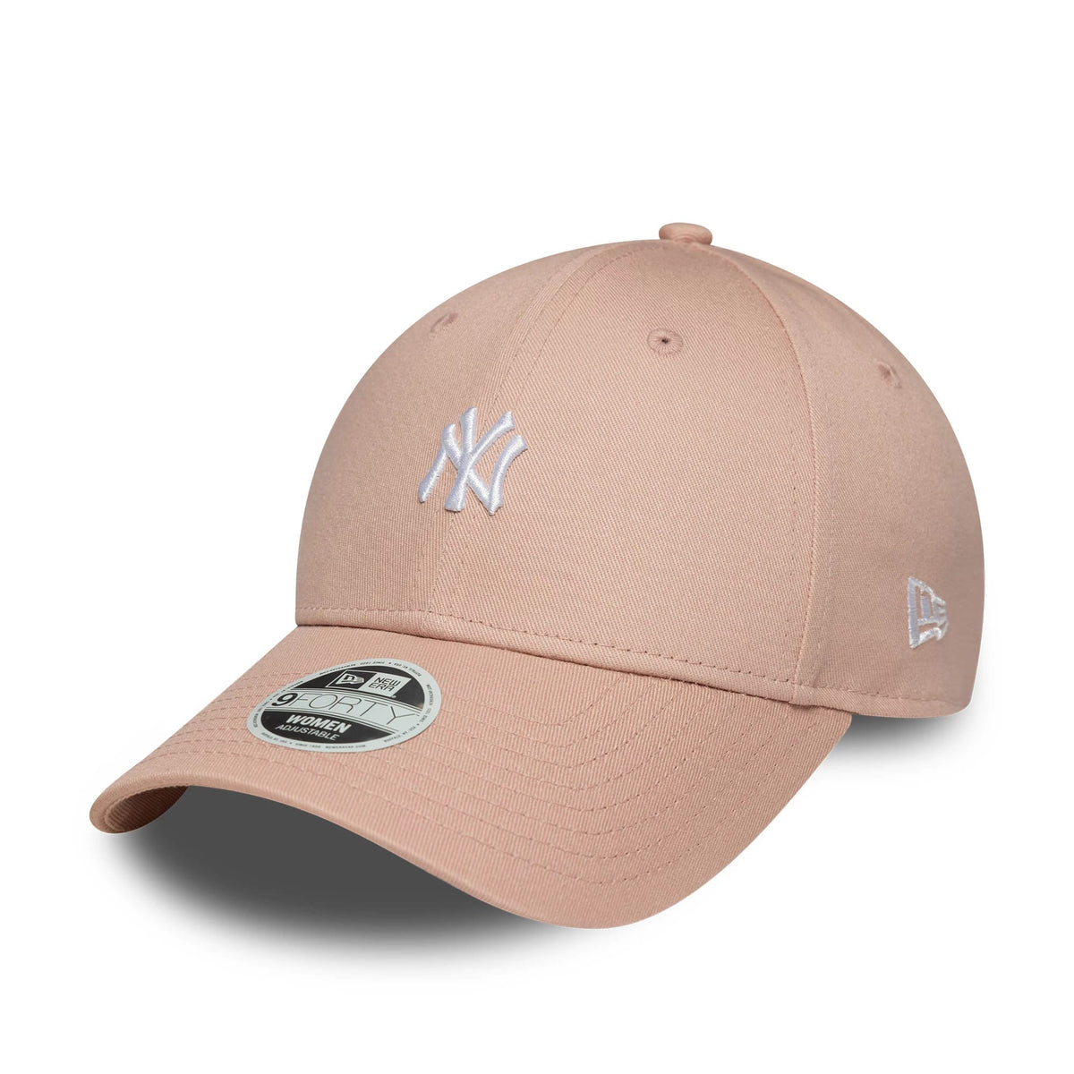 New York Yankees Womens MLB Mini Logo Pastel Pink New Era 9FORTY Adjustable Cap, three-quarter view with a raised white Yankees logo on the front panel, a 9FORTY size sticker on the visor, and a white New Era flag logo on the left side.