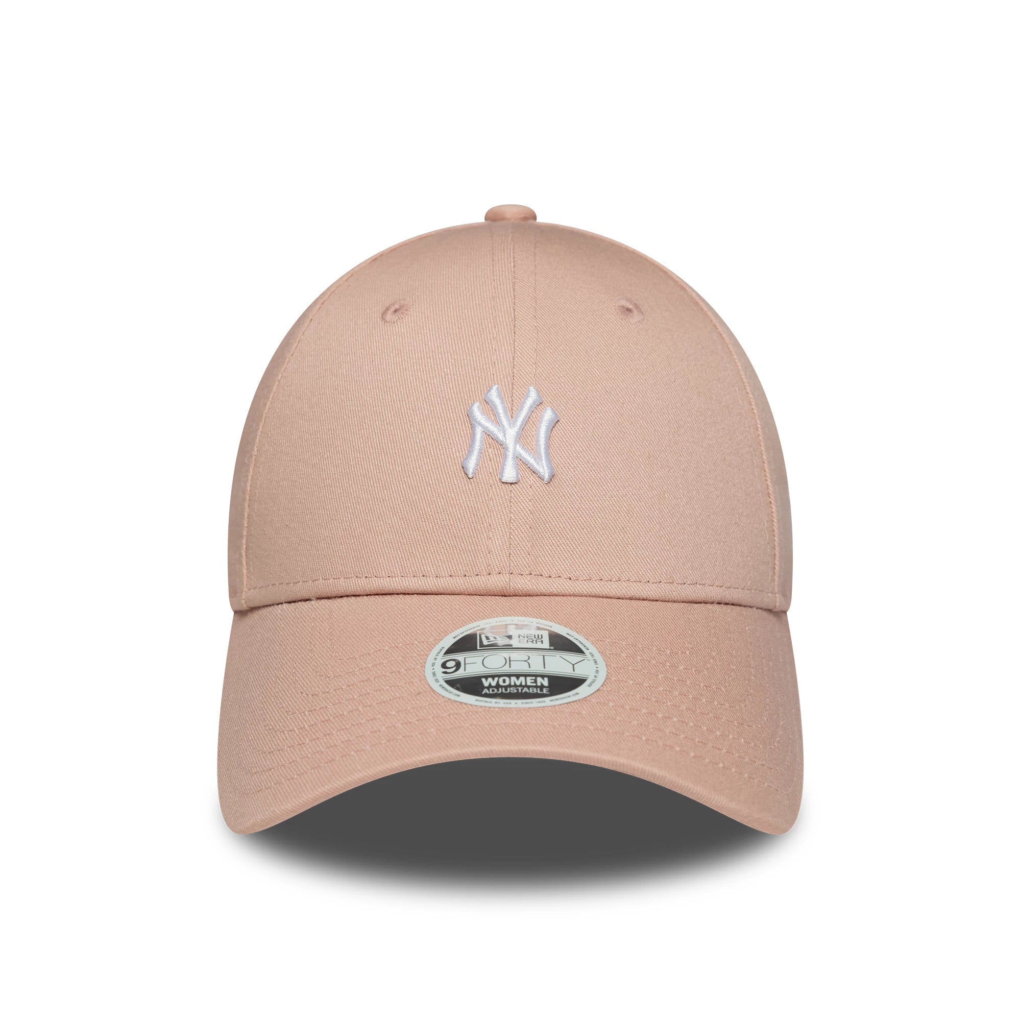 New York Yankees Womens MLB Mini Logo Pastel Pink New Era 9FORTY Adjustable Cap, front view showing the white embroidered NY logo on the structured pink crown, complemented by a 9FORTY size sticker on the curved visor.