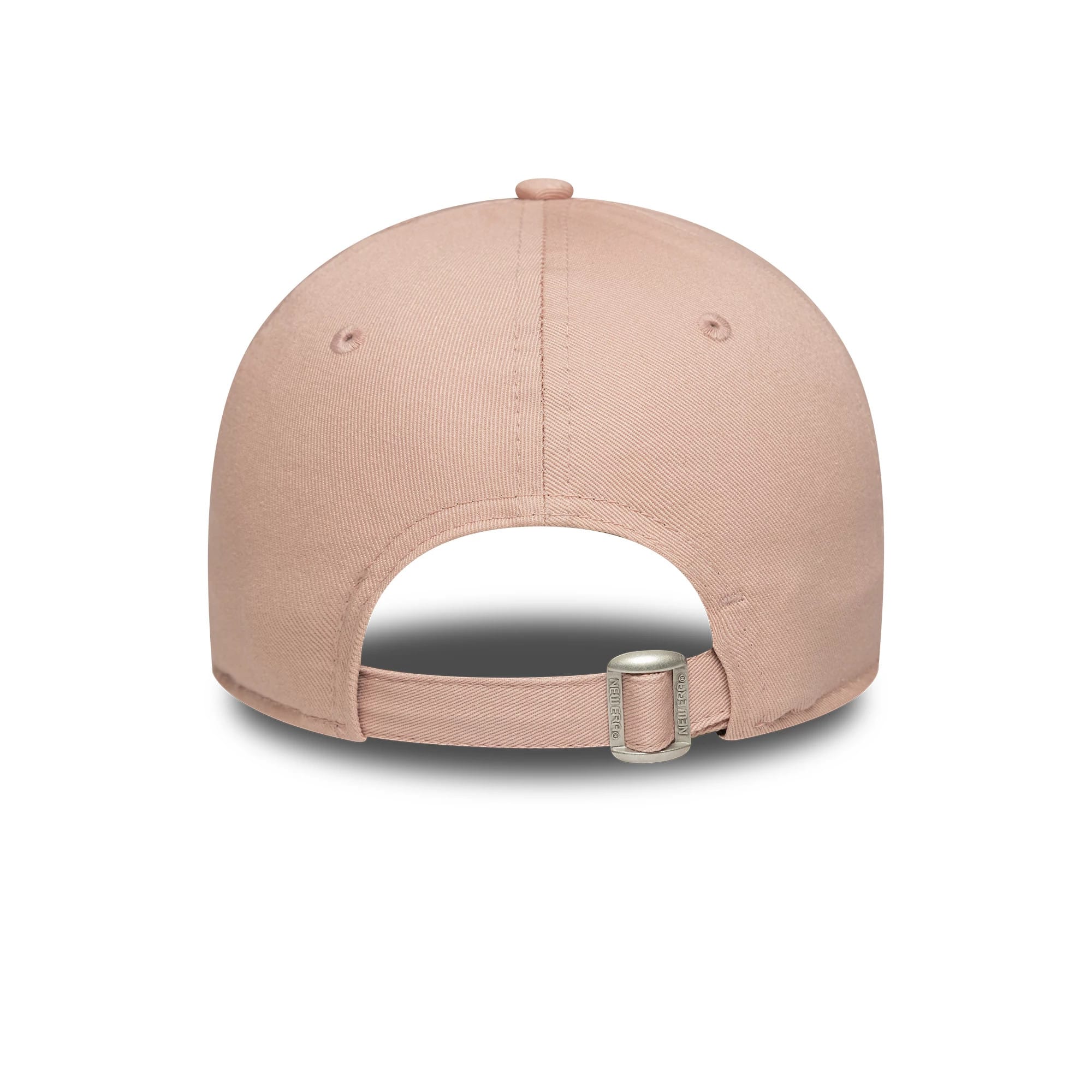 New York Yankees Womens MLB Mini Logo Pastel Pink New Era 9FORTY Adjustable Cap, rear view showing the open back with an adjustable strap and metal buckle, emphasising the minimalist design of the pastel pink curved crown.