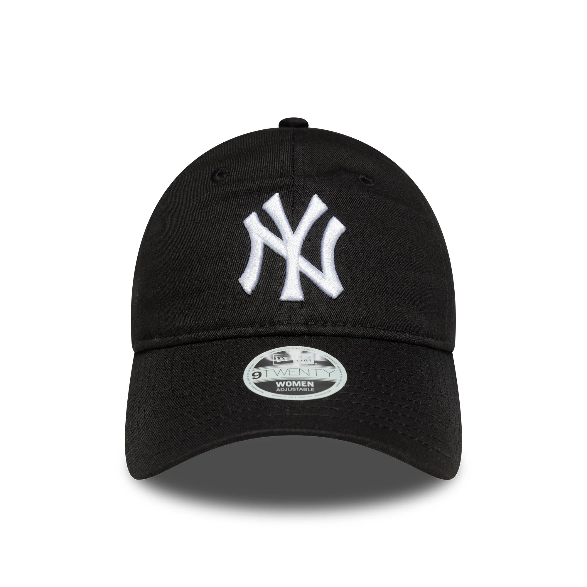 New York Yankees Womens MLB League Essential Black New Era 9TWENTY Adjustable Cap, front view showing the white embroidered NY logo on the black crown and a 9TWENTY size sticker on the curved visor.