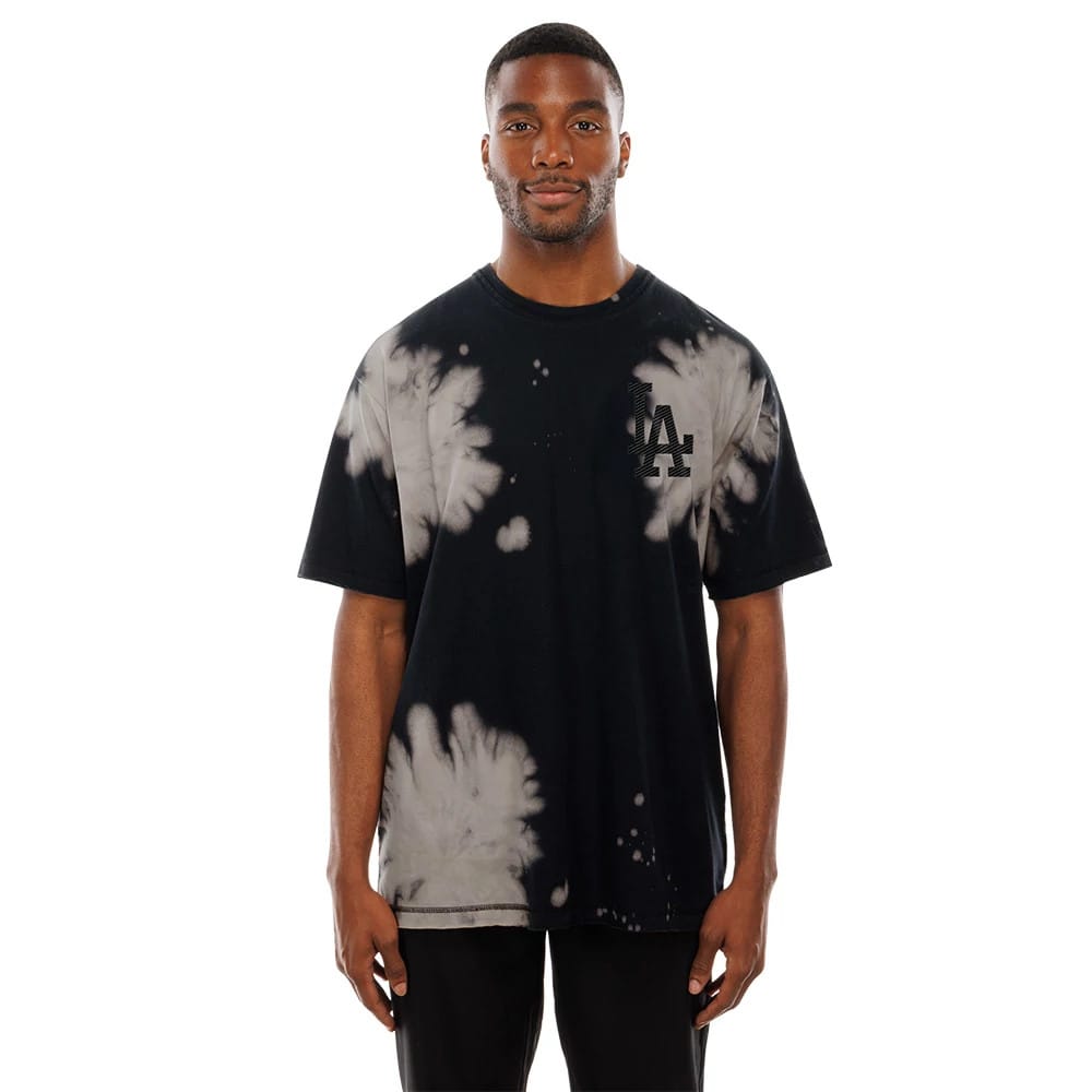 New Era LA Dodgers MLB Bleach Out Black T-Shirt, front view showing a black tee with a bleached pattern throughout, featuring the LA logo embossed on the left chest area.