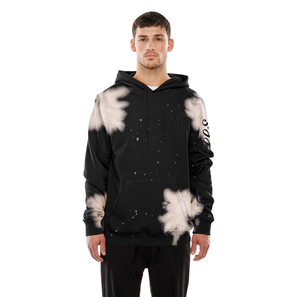 New Era New York Yankees MLB Bleach Out Black Pullover Hoodie, front view showing a black hoodie with bleach effect patterns across the sleeves and body, a raised New York Yankees logo on the chest, and Yankees script down the left sleeve.